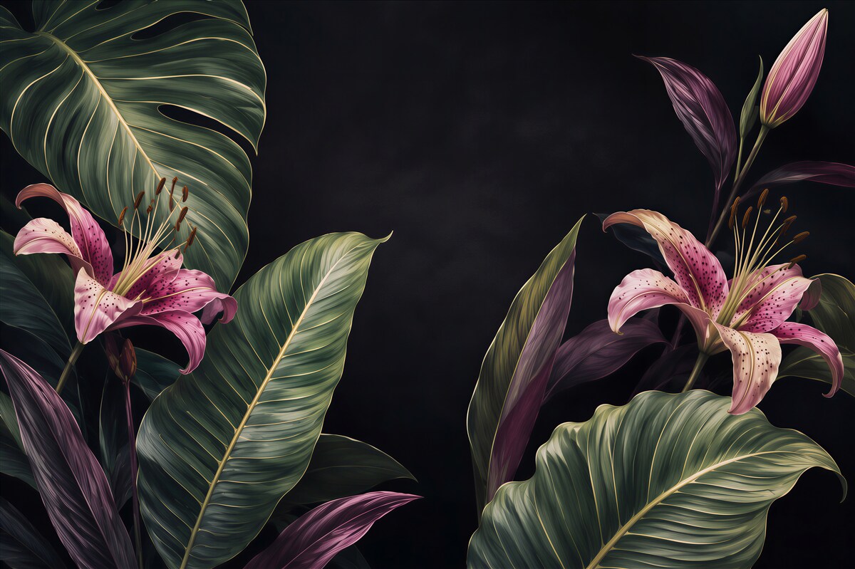 Fototapeta Jednolite kwiatowy wzór tropikalnych. Różowe lilie i egzotycznych liści Calathea na czarnym tle, efekt rewersu. Ręcznie malowane akwarela sztukę. Tkaniny tekstury.