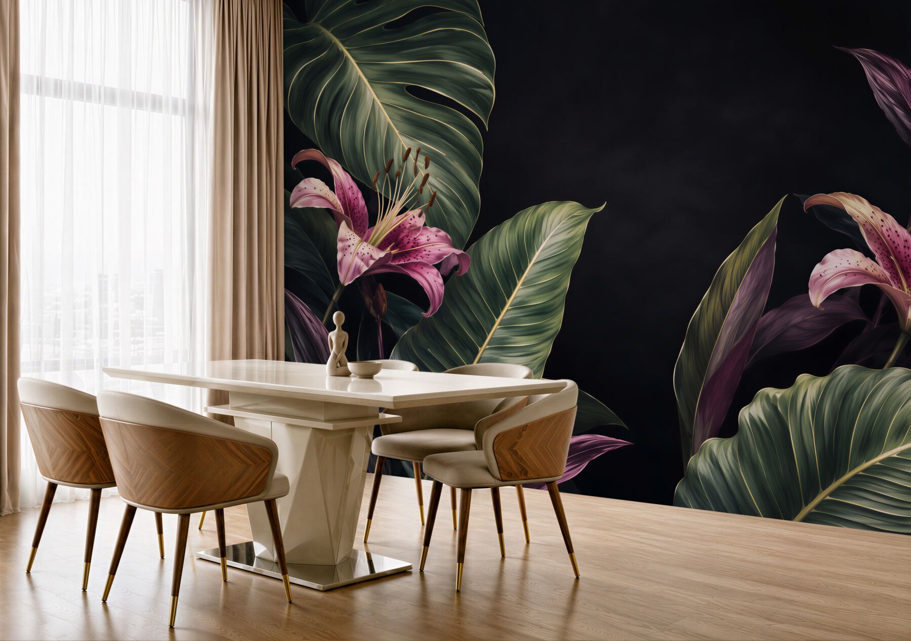 Fototapeta Jednolite kwiatowy wzór tropikalnych. Różowe lilie i egzotycznych liści Calathea na czarnym tle, efekt rewersu. Ręcznie malowane akwarela sztukę. Tkaniny tekstury.?v23