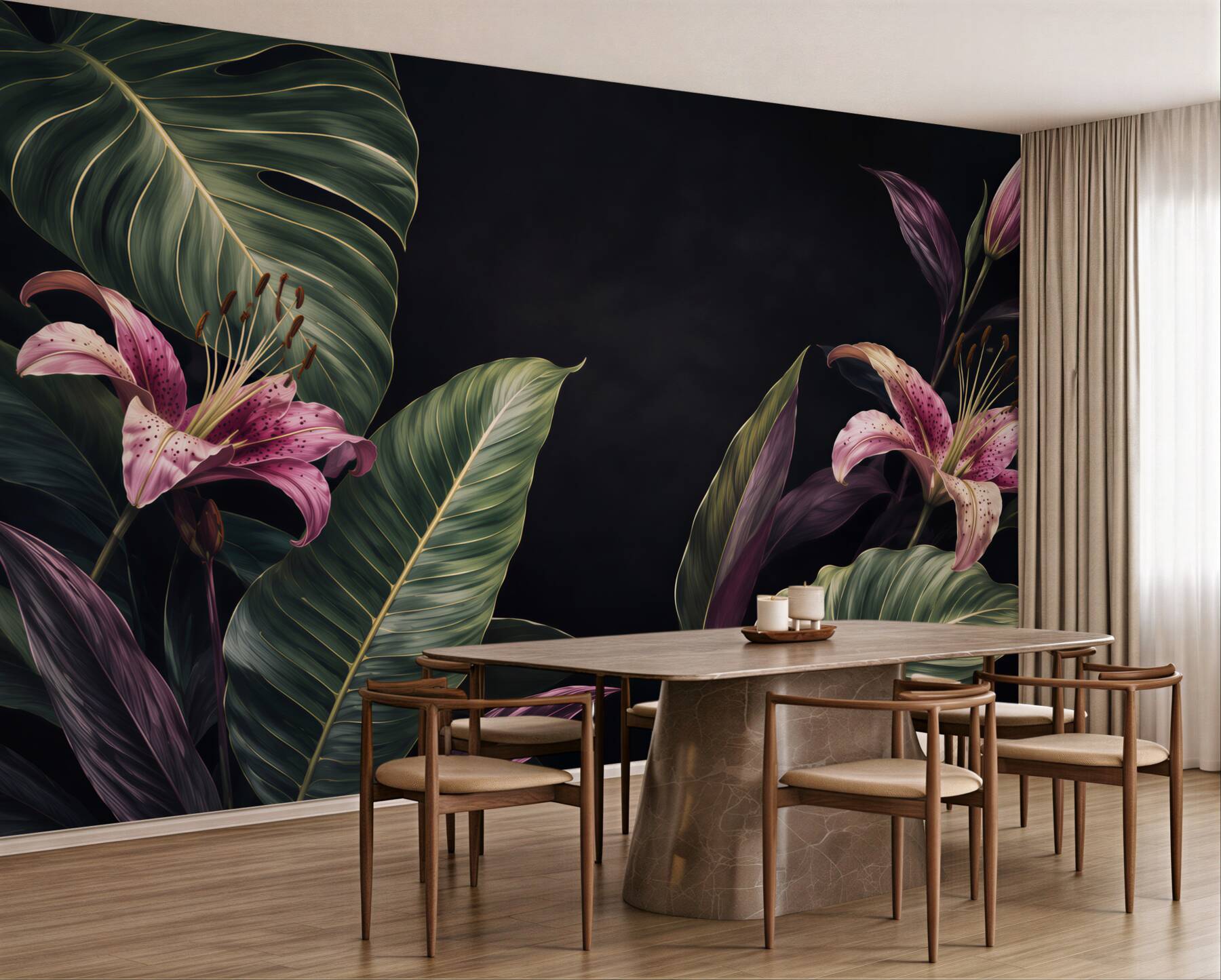 Fototapeta Jednolite kwiatowy wzór tropikalnych. Różowe lilie i egzotycznych liści Calathea na czarnym tle, efekt rewersu. Ręcznie malowane akwarela sztukę. Tkaniny tekstury.?v23