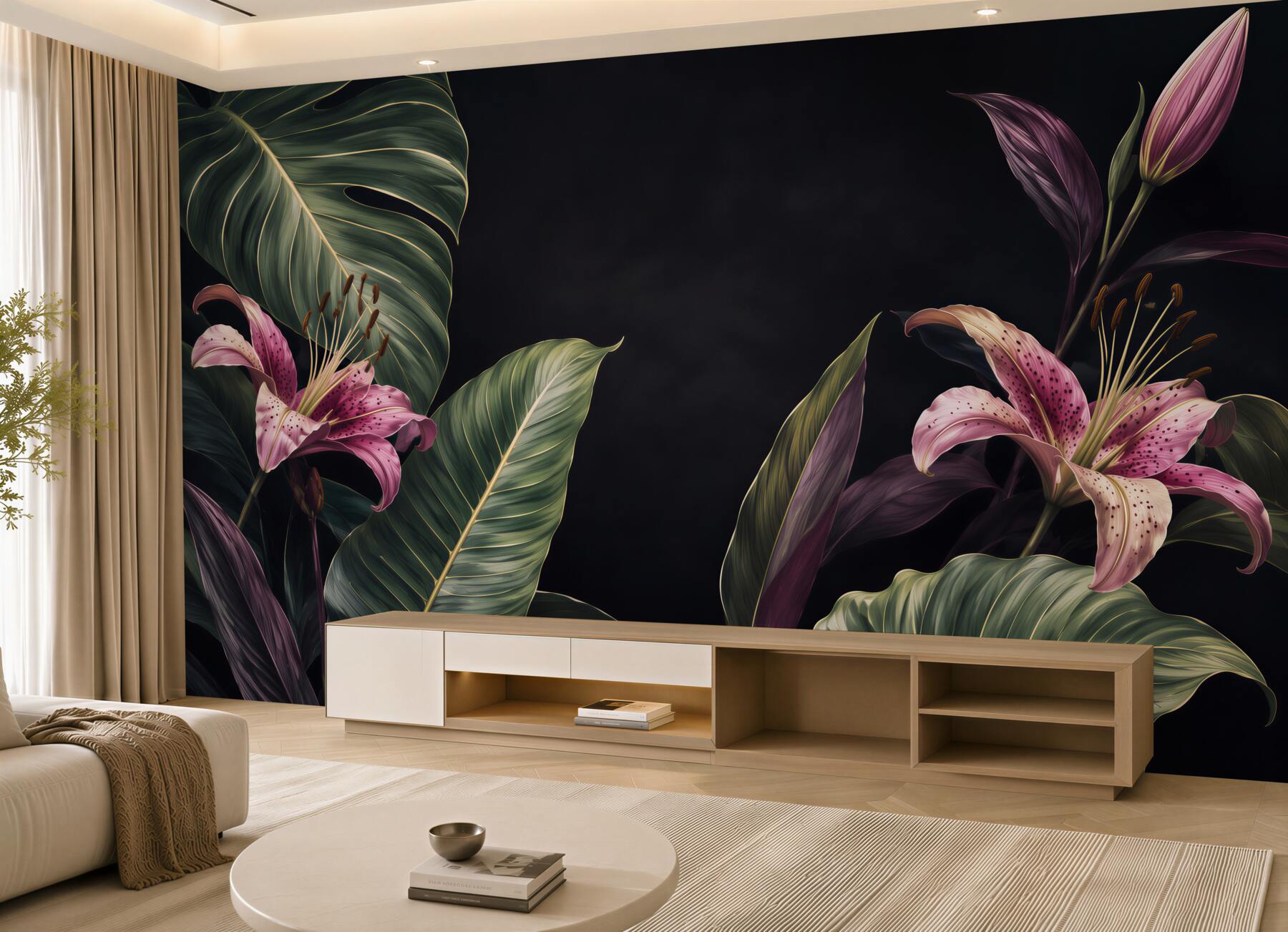 Fototapeta Jednolite kwiatowy wzór tropikalnych. Różowe lilie i egzotycznych liści Calathea na czarnym tle, efekt rewersu. Ręcznie malowane akwarela sztukę. Tkaniny tekstury.?v23