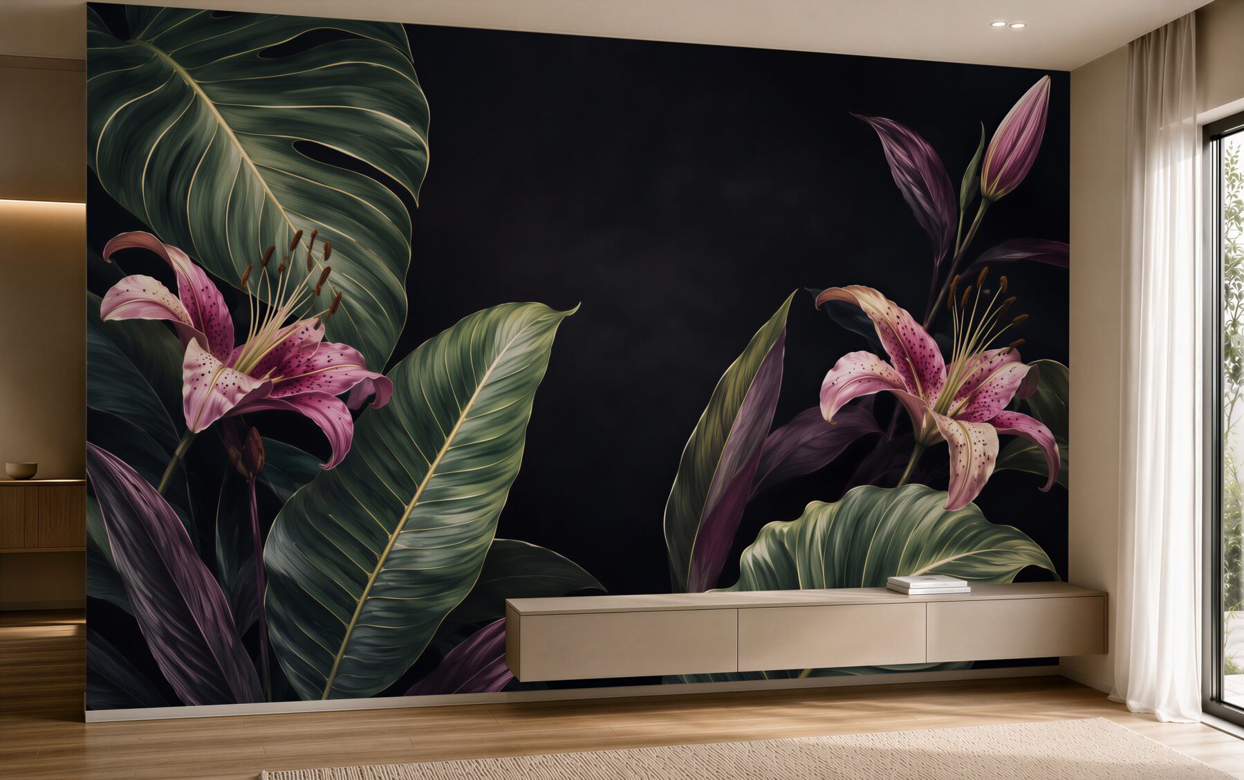 Fototapeta Jednolite kwiatowy wzór tropikalnych. Różowe lilie i egzotycznych liści Calathea na czarnym tle, efekt rewersu. Ręcznie malowane akwarela sztukę. Tkaniny tekstury.?v23