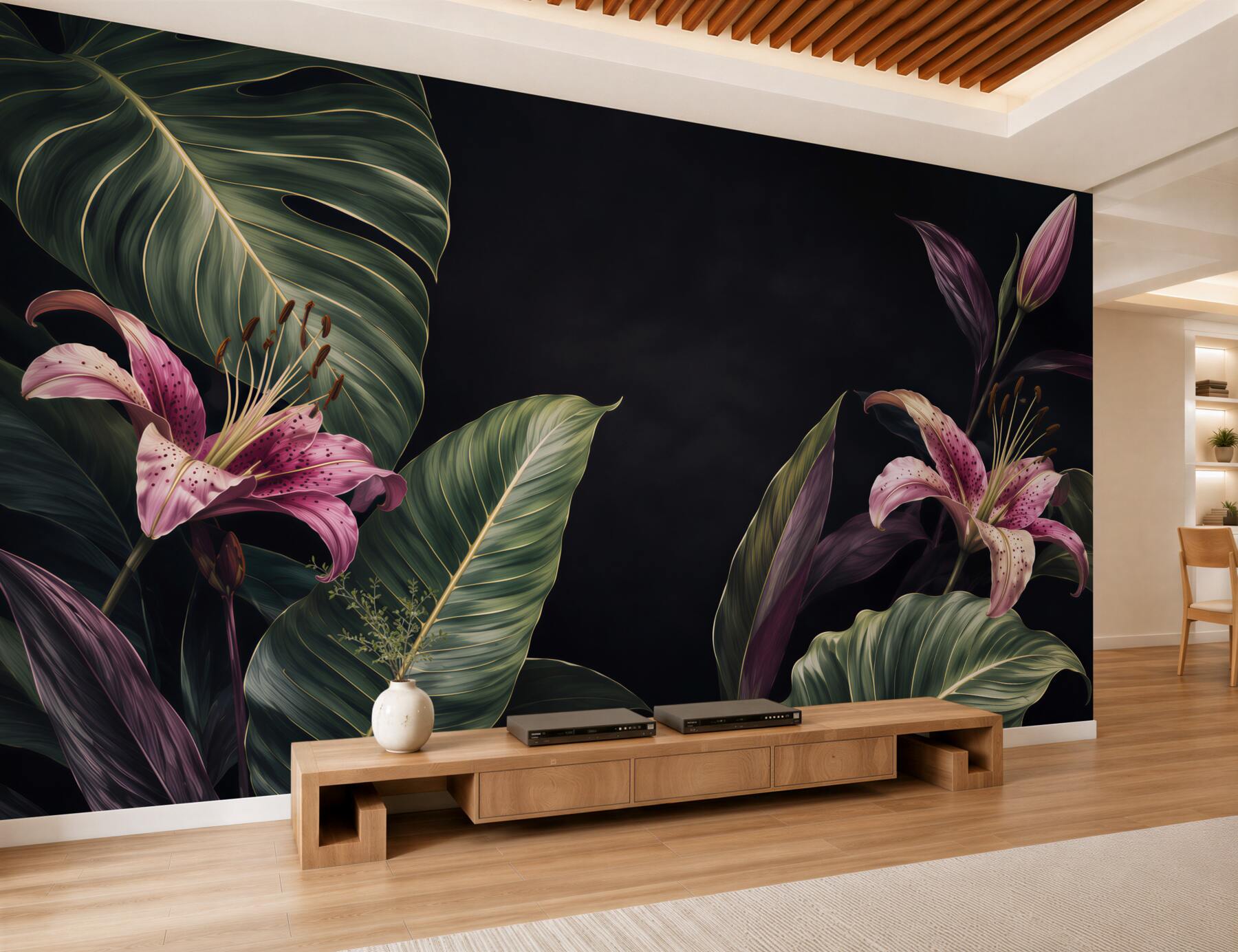 Fototapeta Jednolite kwiatowy wzór tropikalnych. Różowe lilie i egzotycznych liści Calathea na czarnym tle, efekt rewersu. Ręcznie malowane akwarela sztukę. Tkaniny tekstury.?v23
