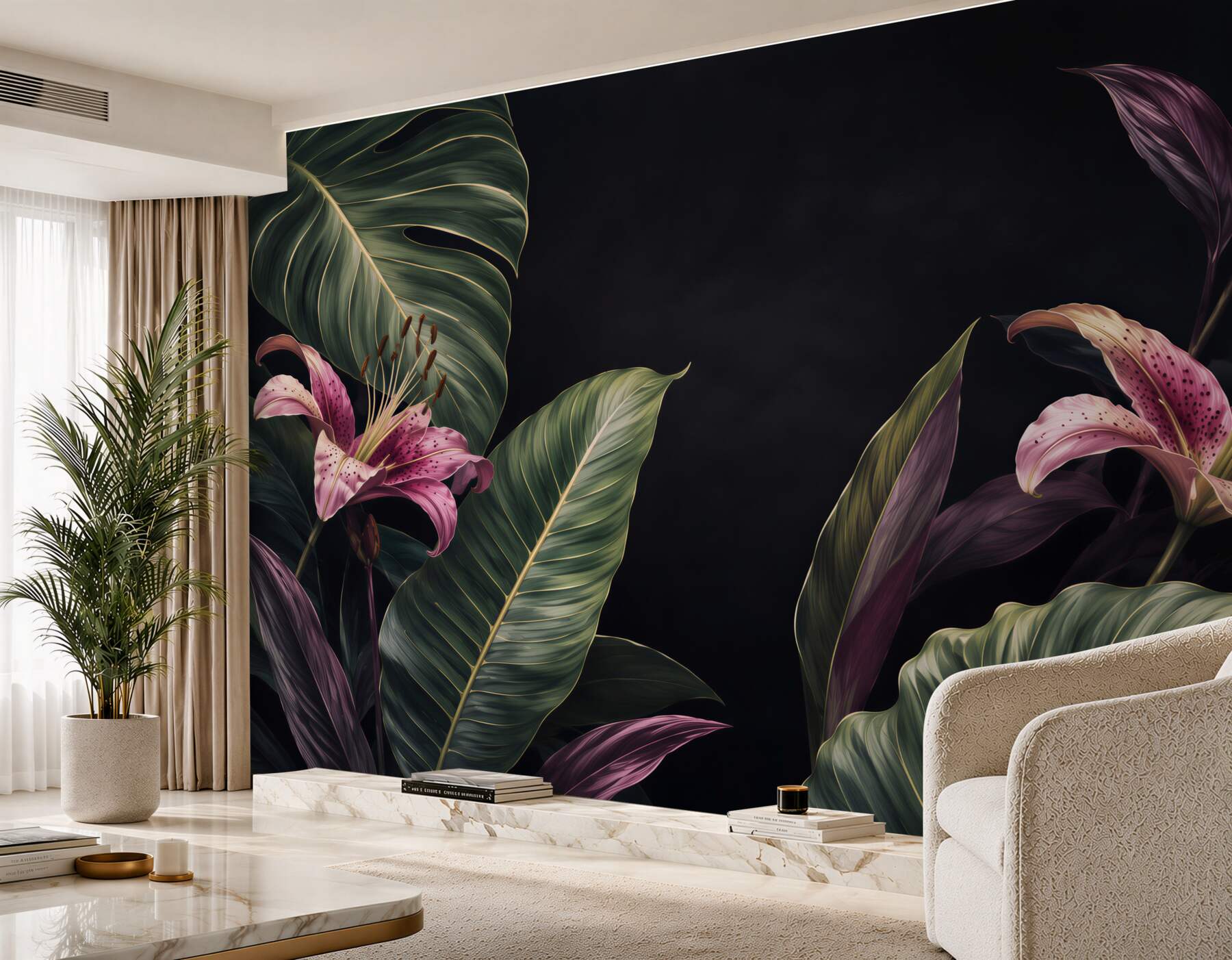 Fototapeta Jednolite kwiatowy wzór tropikalnych. Różowe lilie i egzotycznych liści Calathea na czarnym tle, efekt rewersu. Ręcznie malowane akwarela sztukę. Tkaniny tekstury.?v23