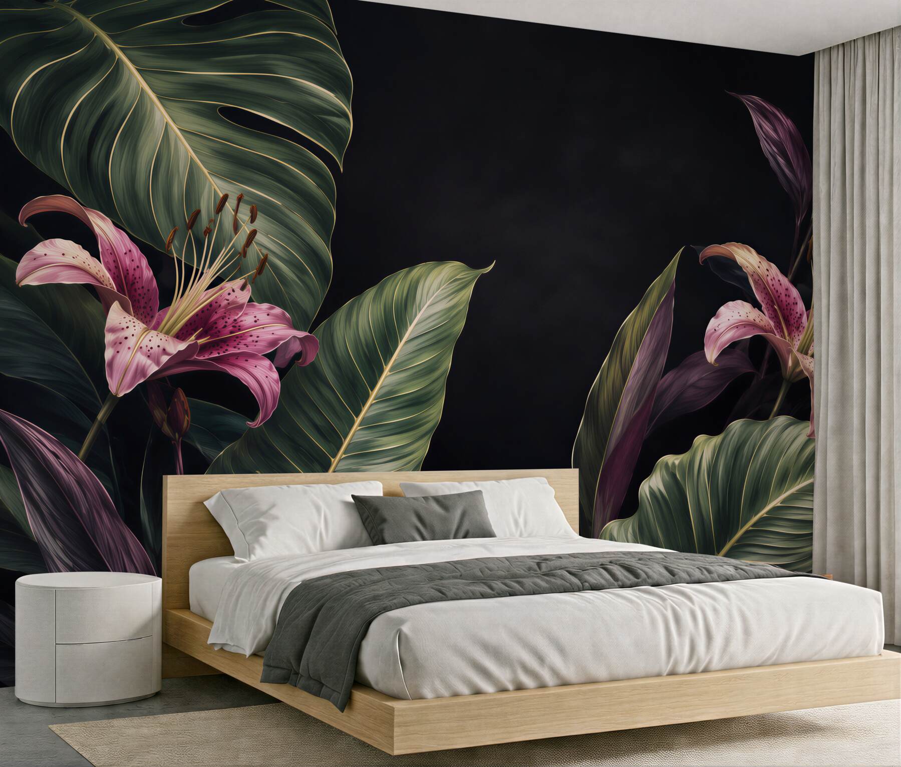 Fototapeta Jednolite kwiatowy wzór tropikalnych. Różowe lilie i egzotycznych liści Calathea na czarnym tle, efekt rewersu. Ręcznie malowane akwarela sztukę. Tkaniny tekstury.?v23