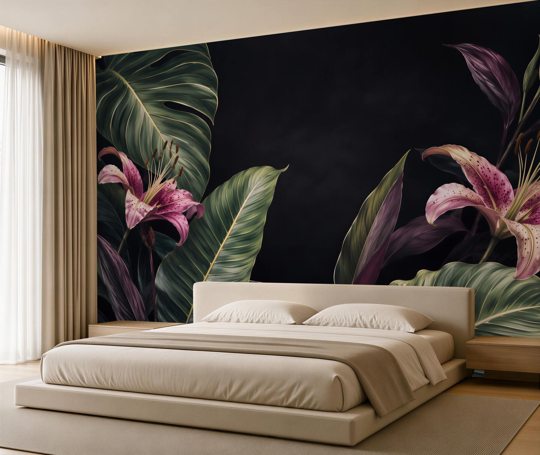 Fototapeta Jednolite kwiatowy wzór tropikalnych. Różowe lilie i egzotycznych liści Calathea na czarnym tle, efekt rewersu. Ręcznie malowane akwarela sztukę. Tkaniny tekstury.?v23