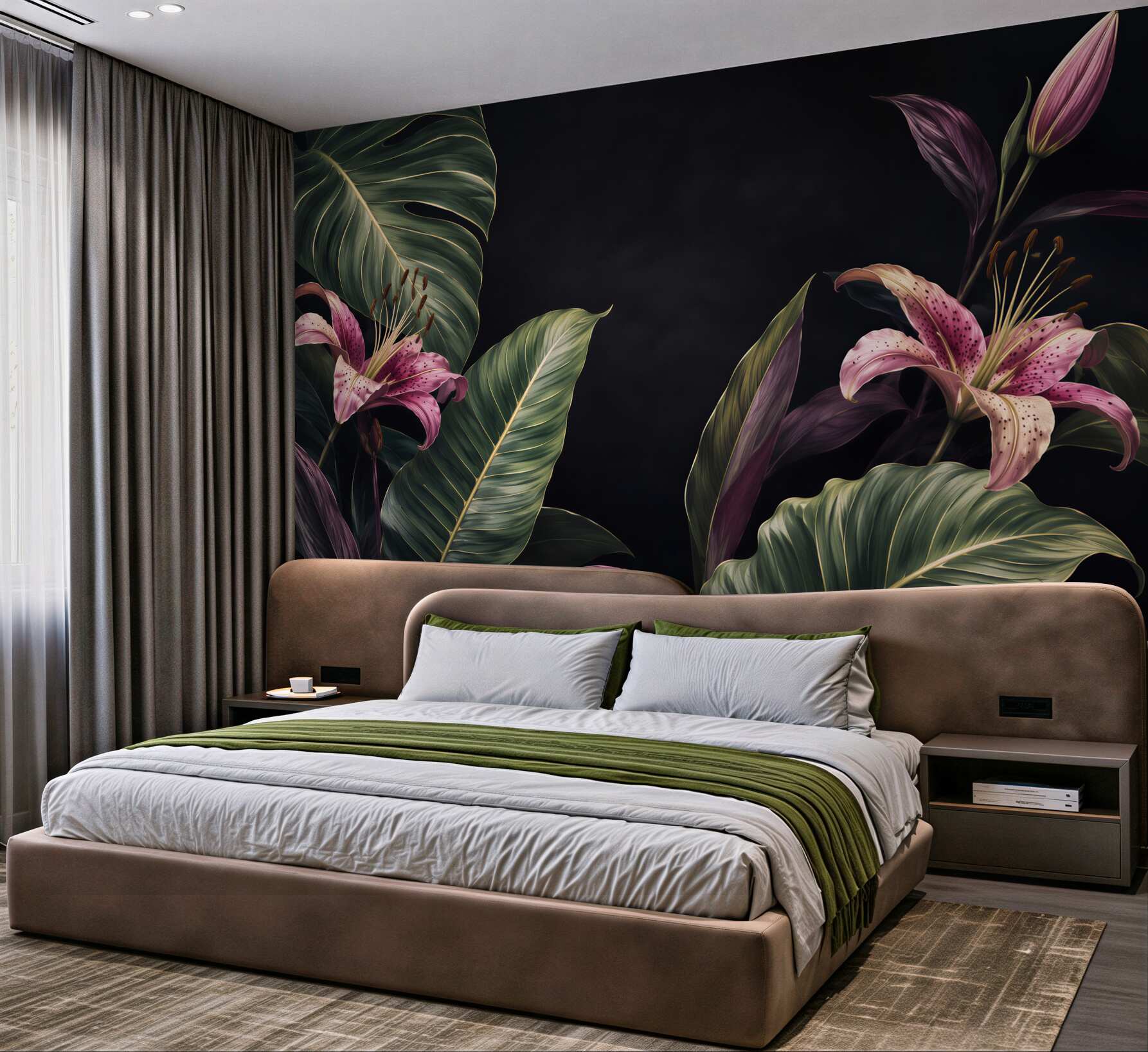 Fototapeta Jednolite kwiatowy wzór tropikalnych. Różowe lilie i egzotycznych liści Calathea na czarnym tle, efekt rewersu. Ręcznie malowane akwarela sztukę. Tkaniny tekstury.?v23
