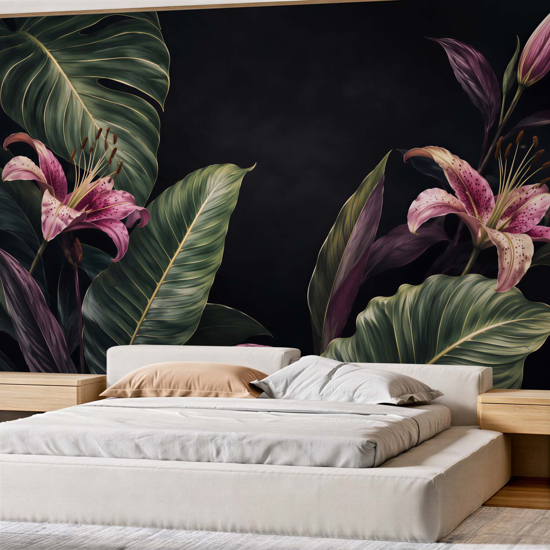 Fototapeta Jednolite kwiatowy wzór tropikalnych. Różowe lilie i egzotycznych liści Calathea na czarnym tle, efekt rewersu. Ręcznie malowane akwarela sztukę. Tkaniny tekstury.?v23