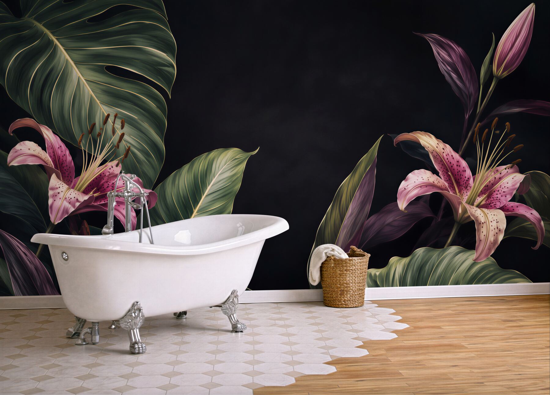 Fototapeta Jednolite kwiatowy wzór tropikalnych. Różowe lilie i egzotycznych liści Calathea na czarnym tle, efekt rewersu. Ręcznie malowane akwarela sztukę. Tkaniny tekstury.?v23