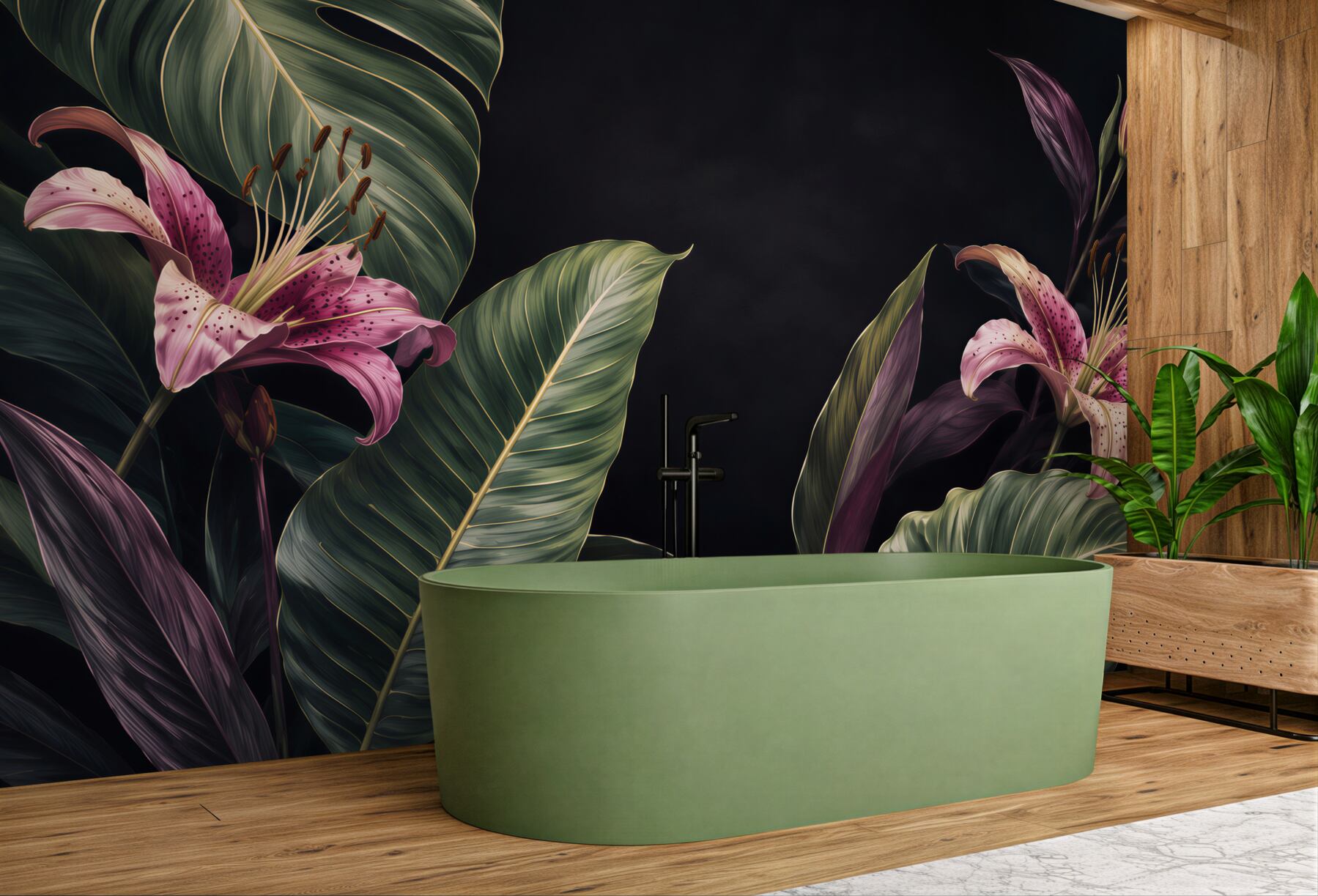 Fototapeta Jednolite kwiatowy wzór tropikalnych. Różowe lilie i egzotycznych liści Calathea na czarnym tle, efekt rewersu. Ręcznie malowane akwarela sztukę. Tkaniny tekstury.?v23