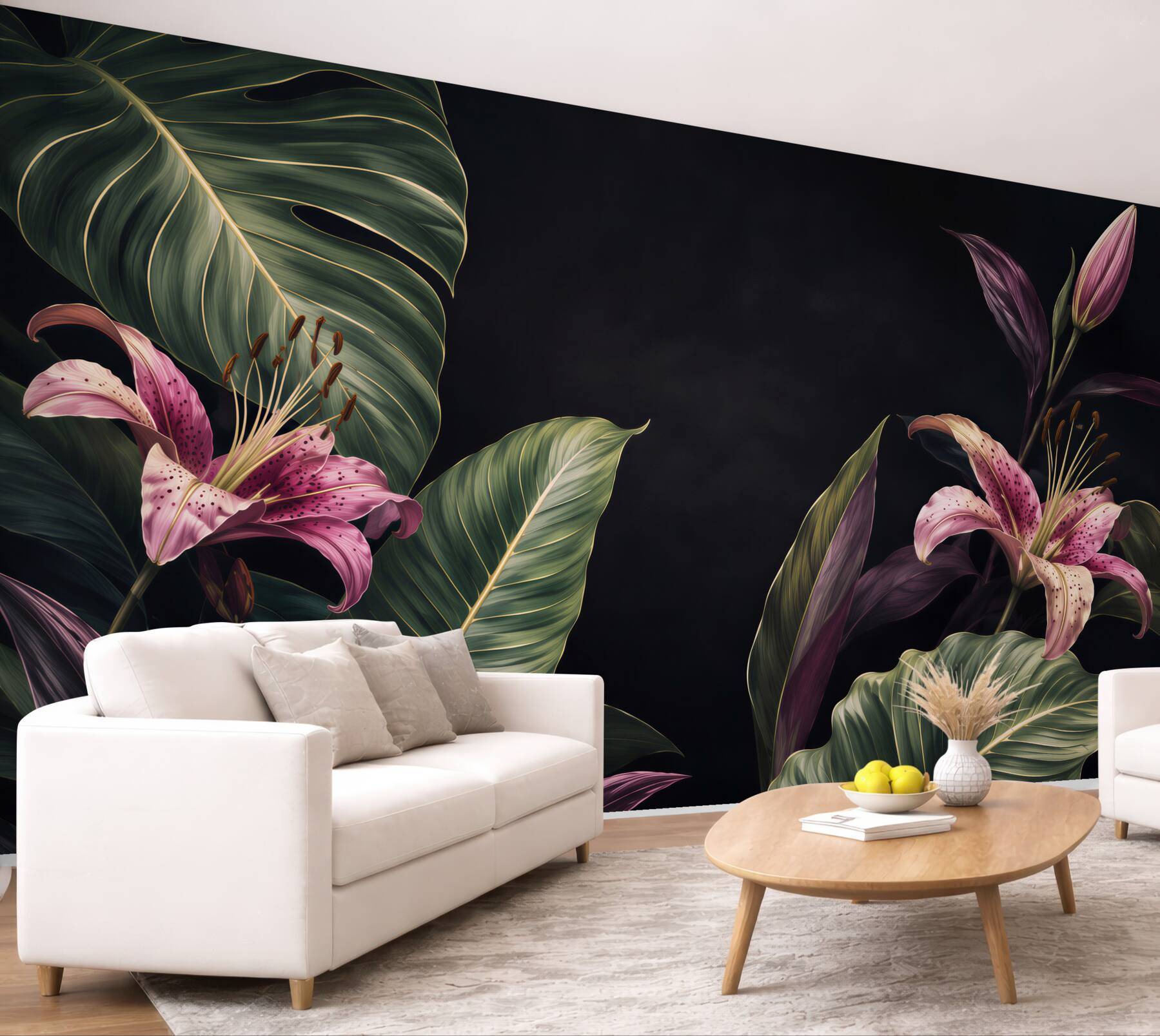 Fototapeta Jednolite kwiatowy wzór tropikalnych. Różowe lilie i egzotycznych liści Calathea na czarnym tle, efekt rewersu. Ręcznie malowane akwarela sztukę. Tkaniny tekstury.?v23