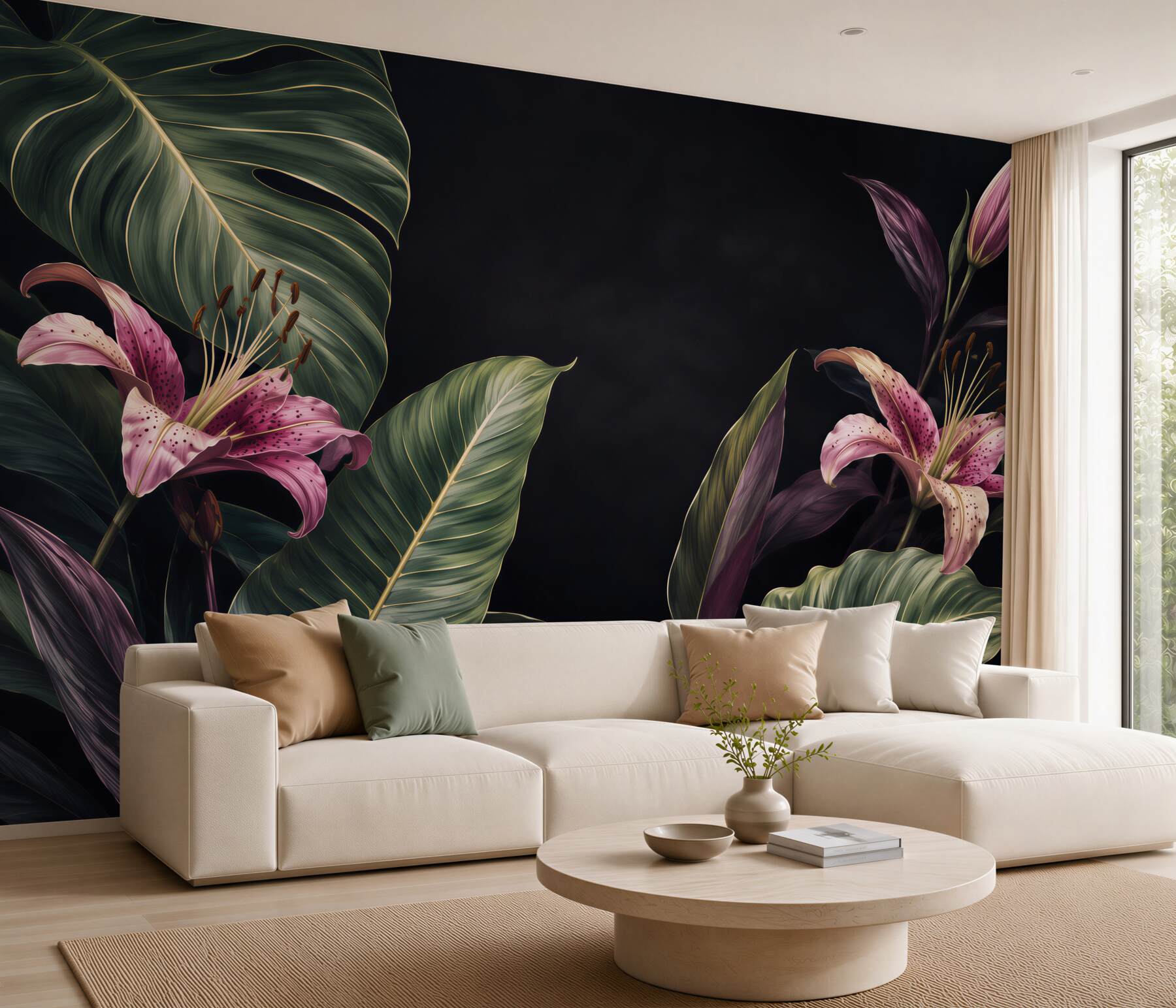 Fototapeta Jednolite kwiatowy wzór tropikalnych. Różowe lilie i egzotycznych liści Calathea na czarnym tle, efekt rewersu. Ręcznie malowane akwarela sztukę. Tkaniny tekstury.?v23