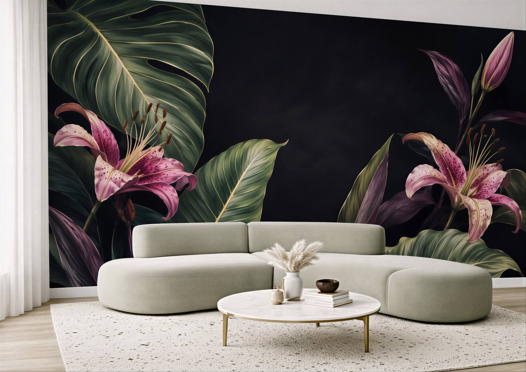 Fototapeta Jednolite kwiatowy wzór tropikalnych. Różowe lilie i egzotycznych liści Calathea na czarnym tle, efekt rewersu. Ręcznie malowane akwarela sztukę. Tkaniny tekstury.?v23