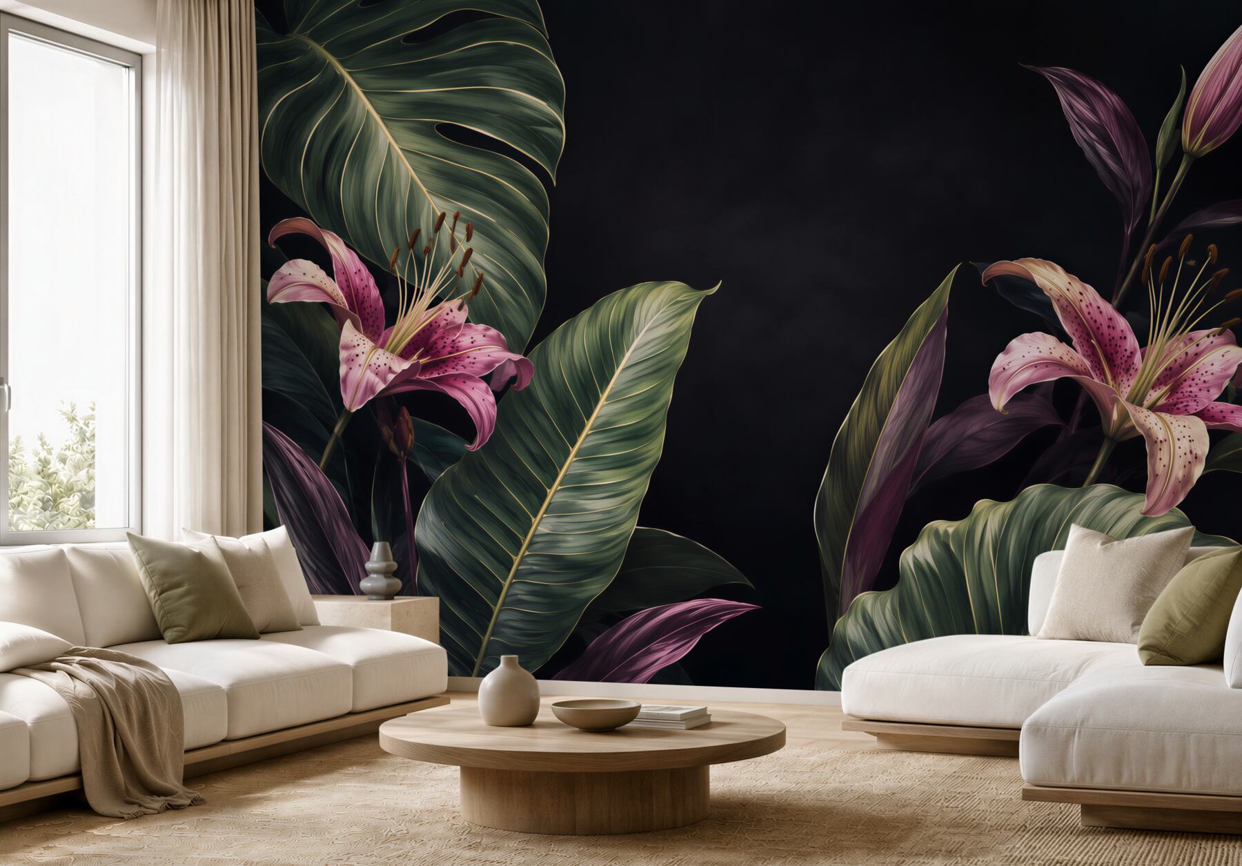 Fototapeta Jednolite kwiatowy wzór tropikalnych. Różowe lilie i egzotycznych liści Calathea na czarnym tle, efekt rewersu. Ręcznie malowane akwarela sztukę. Tkaniny tekstury.?v23