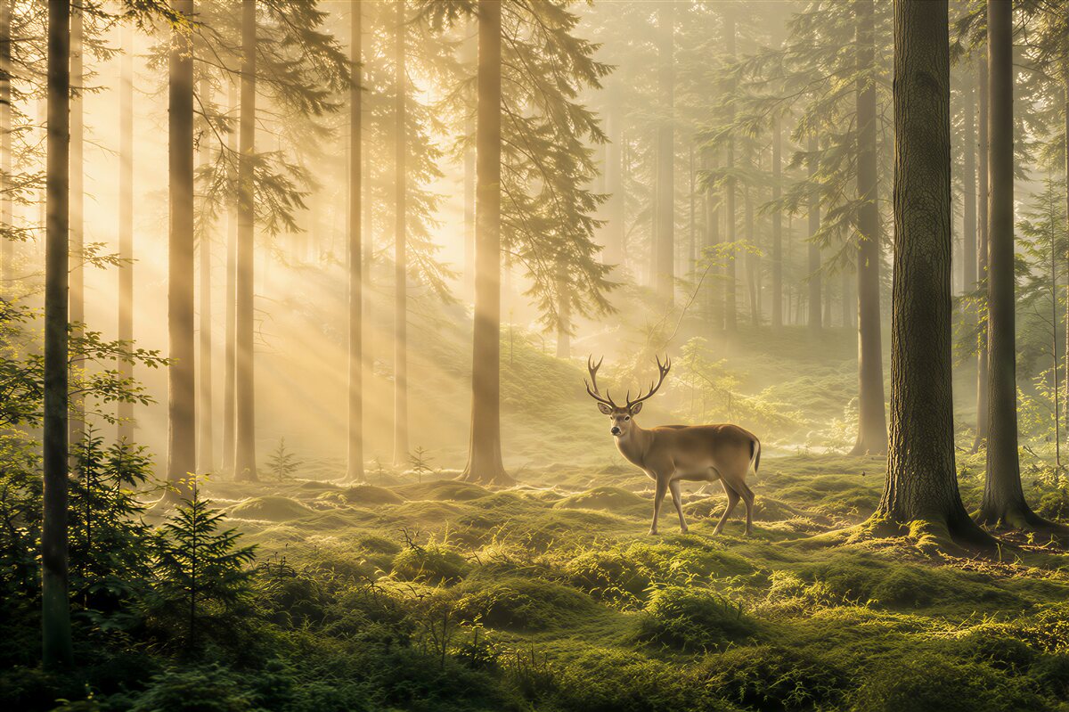 Fototapeta Hirsch in nebligem wald