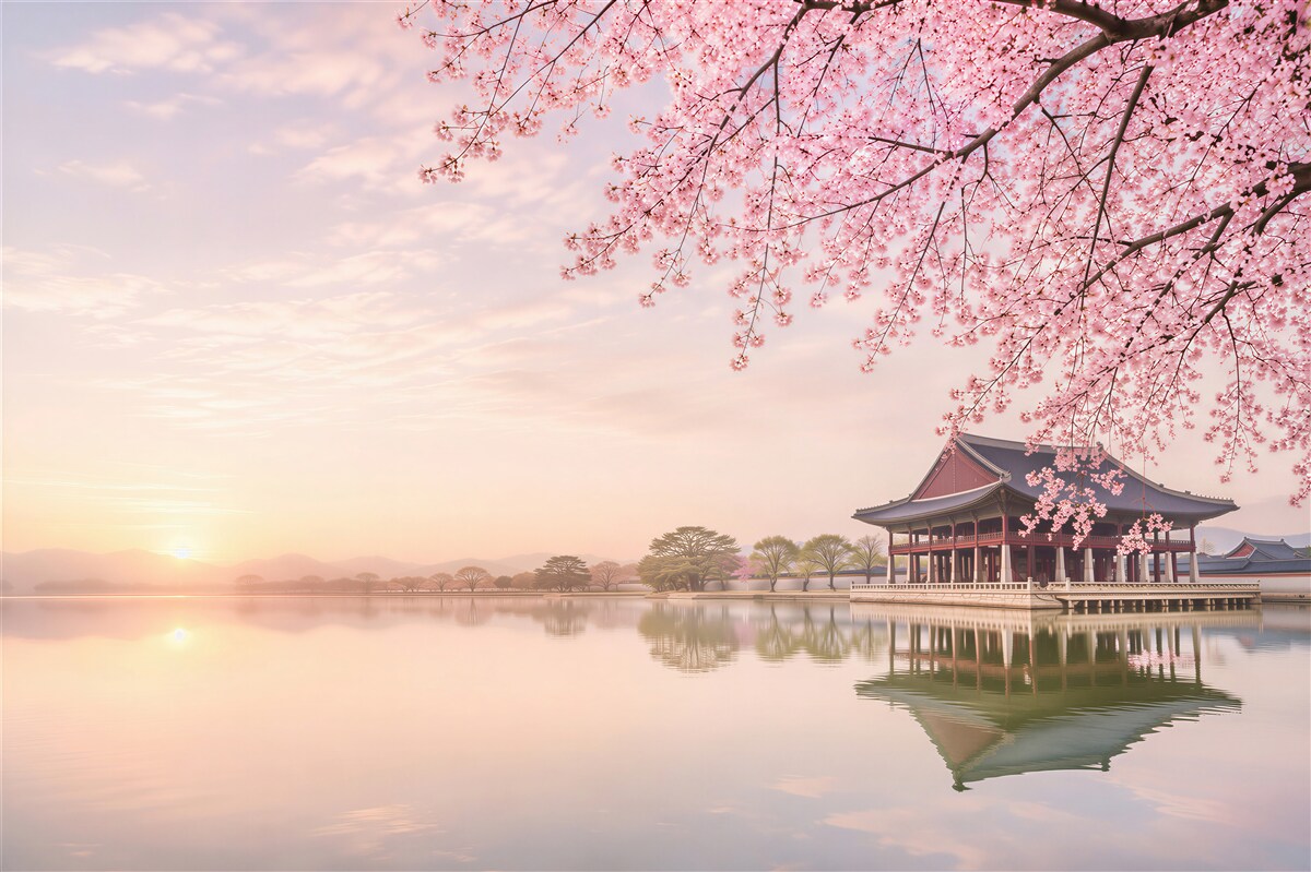 Fototapeta Gyeongbokgung pałac z drzewa wiśni w czasie wiosny w Seulu miasto korea, korea południowa.