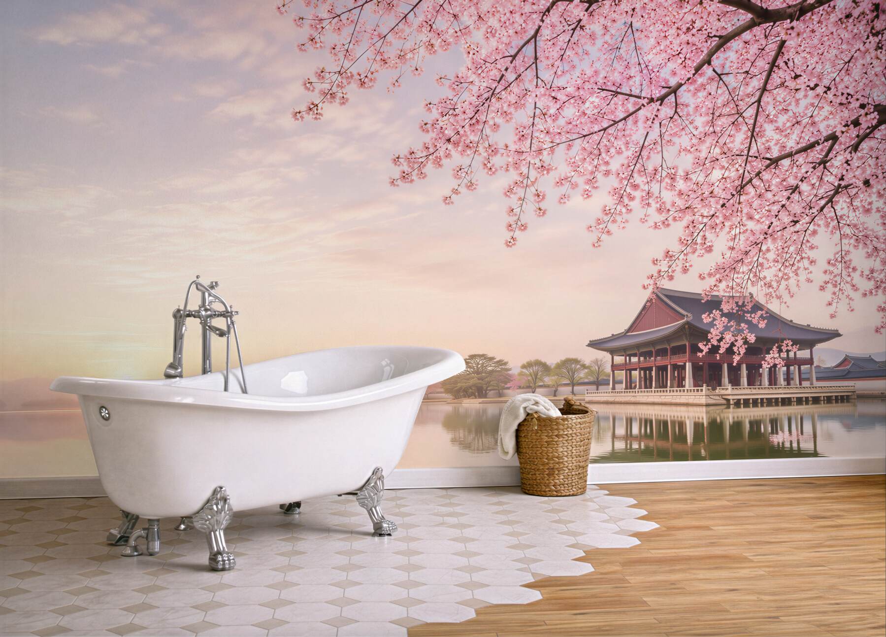 Fototapeta Gyeongbokgung pałac z drzewa wiśni w czasie wiosny w Seulu miasto korea, korea południowa.?v23