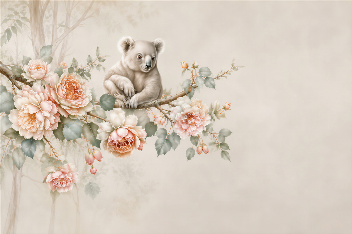 Fototapeta miś koala na gałęzi wśród pastelowych kwiatów do pokoju dziecka