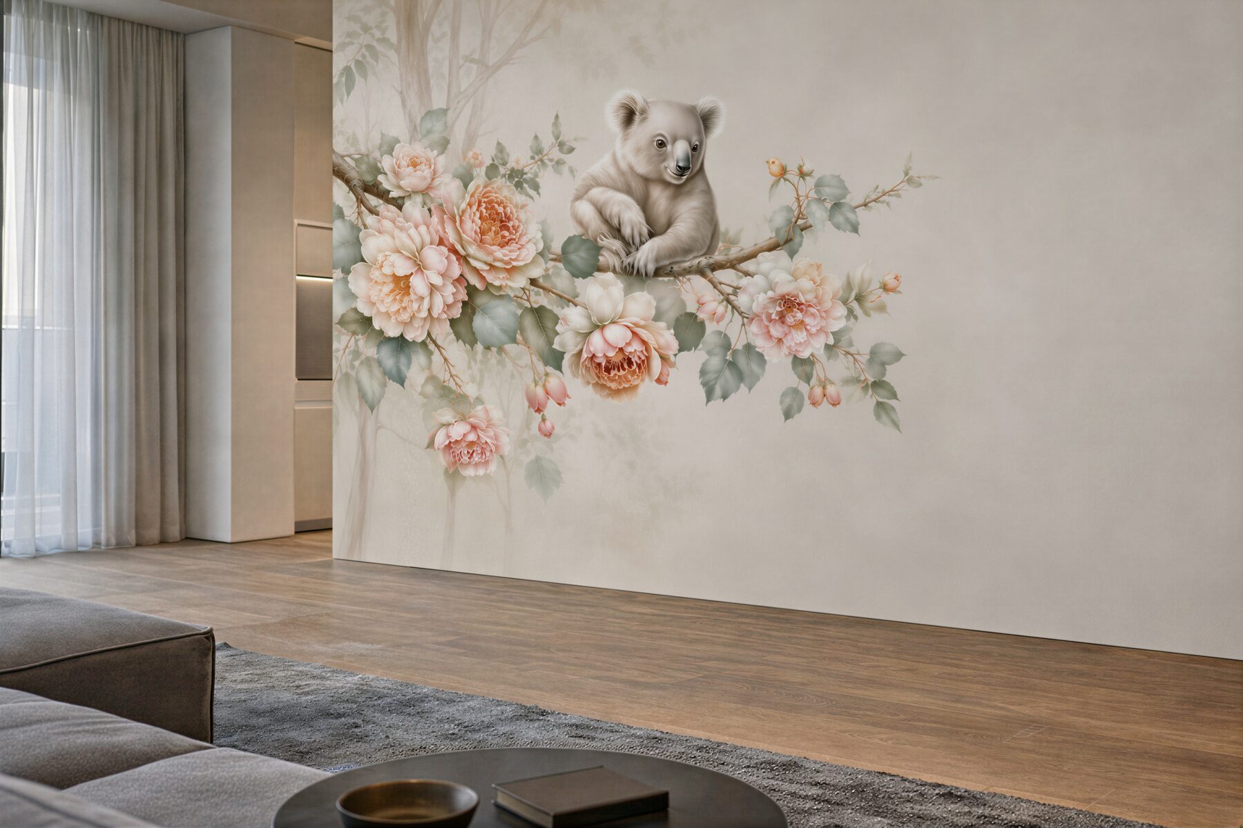 Fototapeta miś koala na gałęzi wśród pastelowych kwiatów do pokoju dziecka?v23