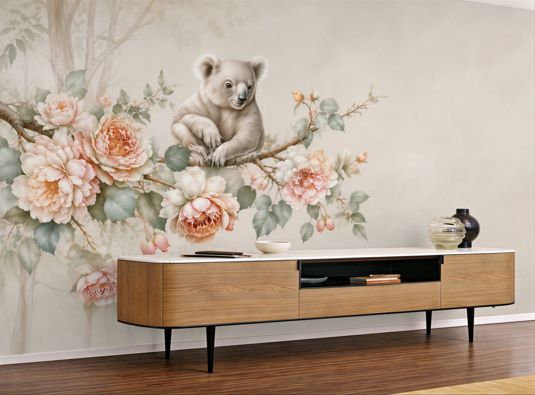 Fototapeta miś koala na gałęzi wśród pastelowych kwiatów do pokoju dziecka?v23
