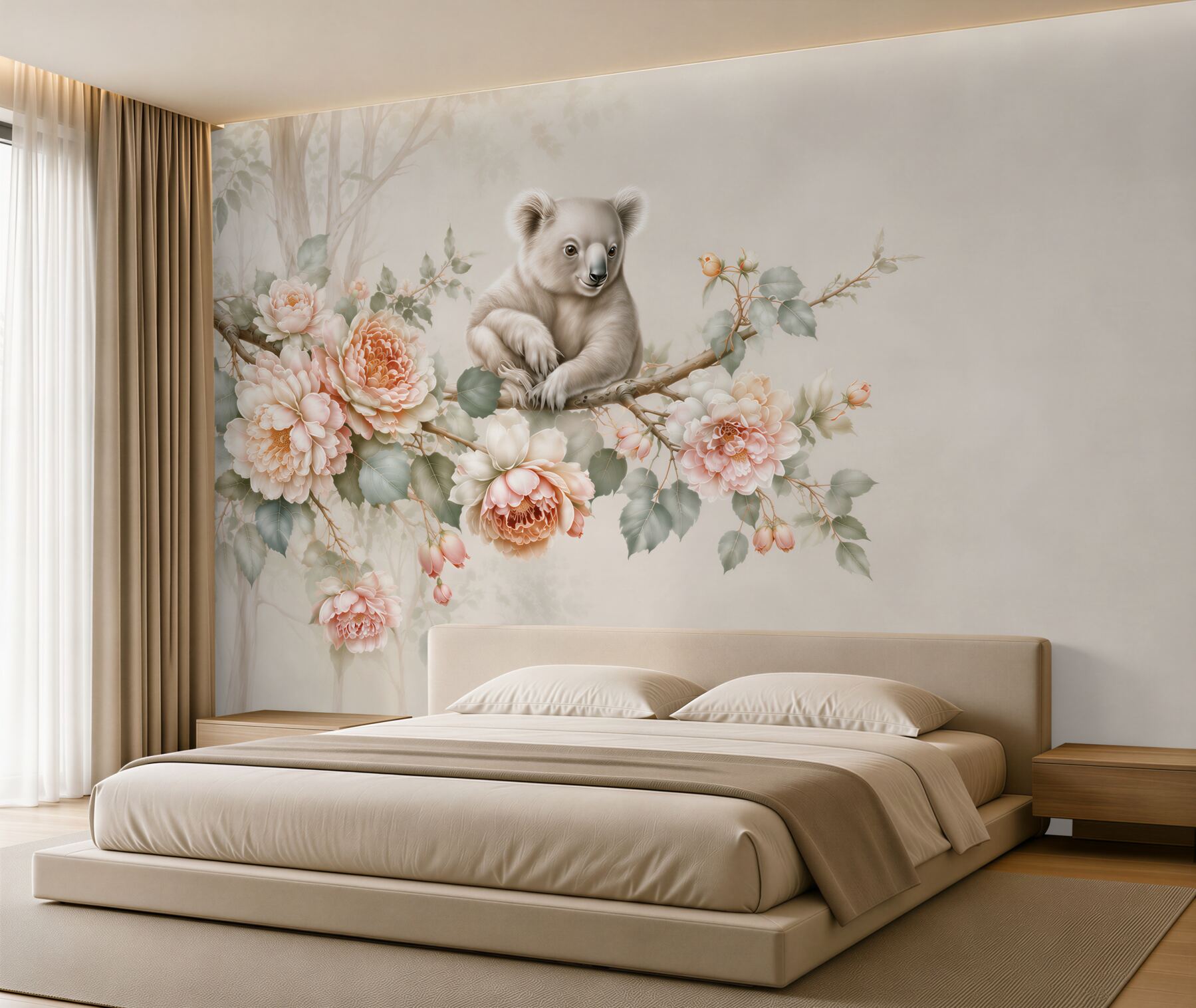 Fototapeta miś koala na gałęzi wśród pastelowych kwiatów do pokoju dziecka