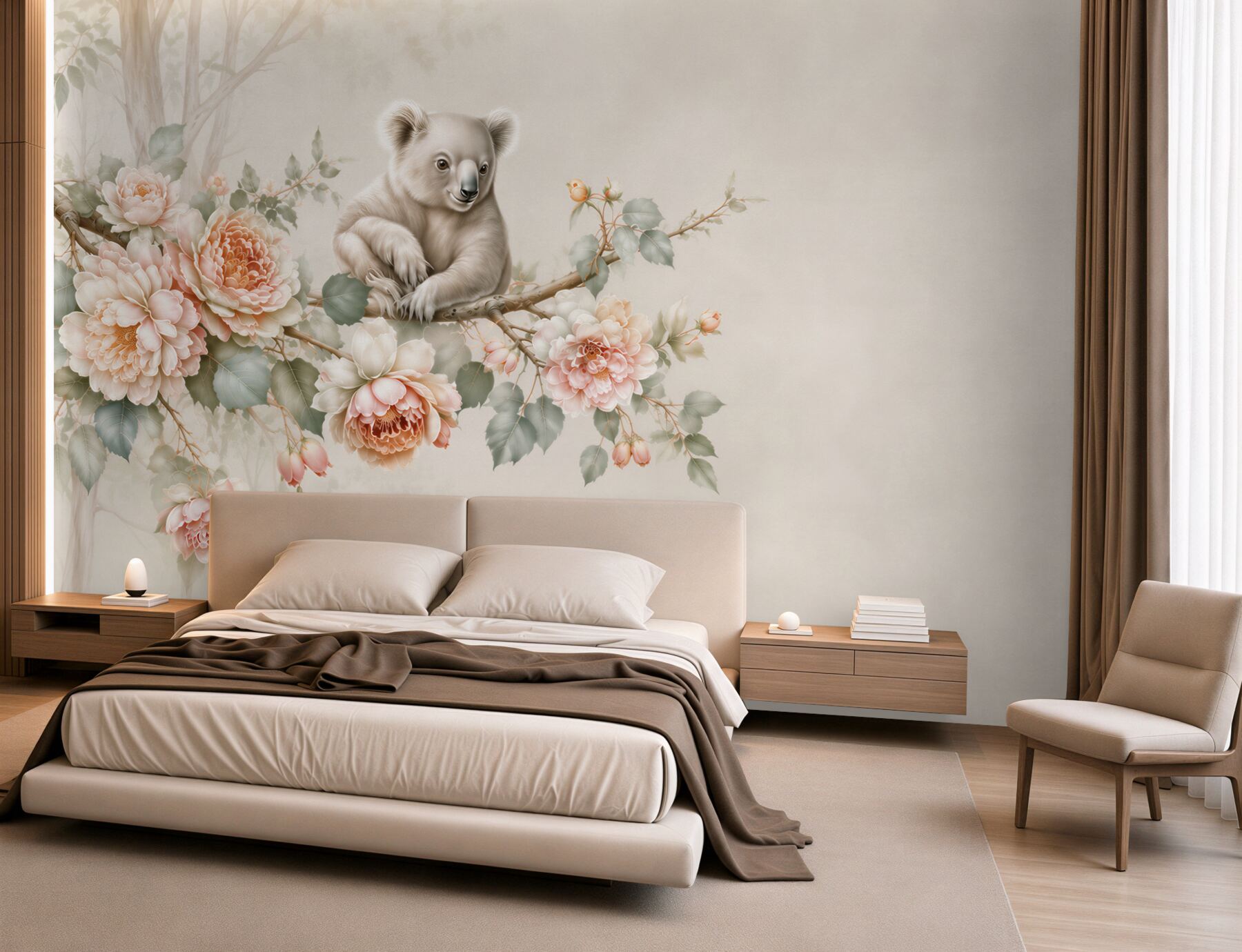 Fototapeta miś koala na gałęzi wśród pastelowych kwiatów do pokoju dziecka?v23