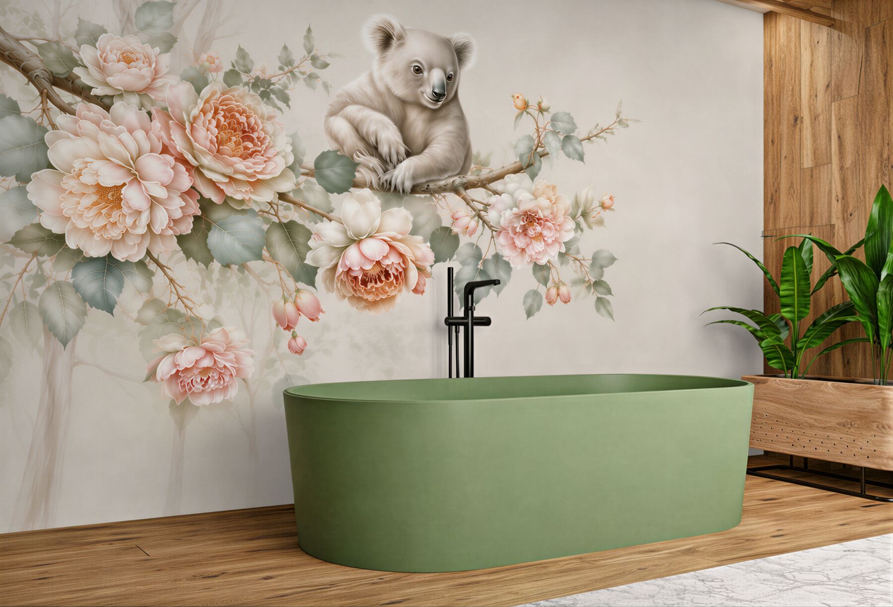 Fototapeta miś koala na gałęzi wśród pastelowych kwiatów do pokoju dziecka?v23