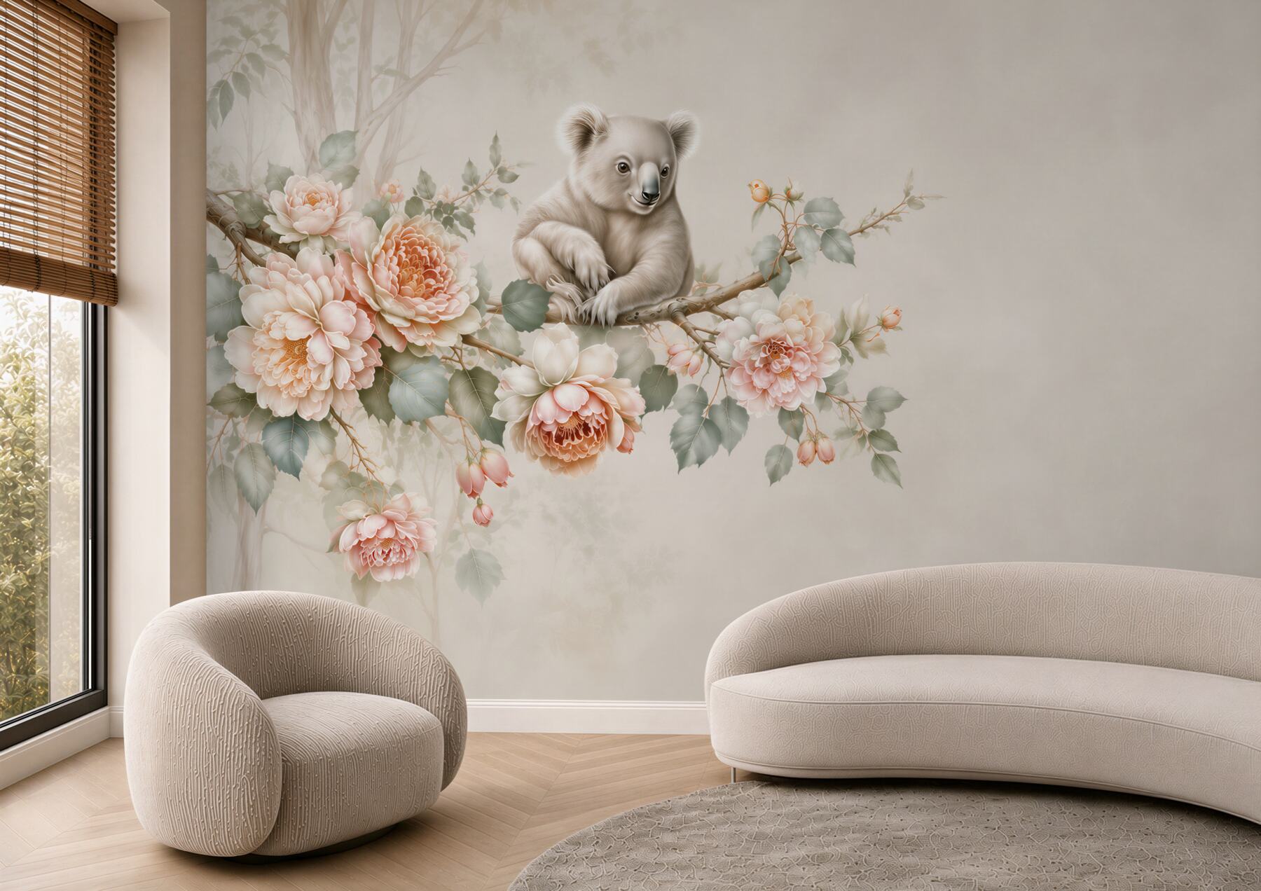 Fototapeta miś koala na gałęzi wśród pastelowych kwiatów do pokoju dziecka?v23