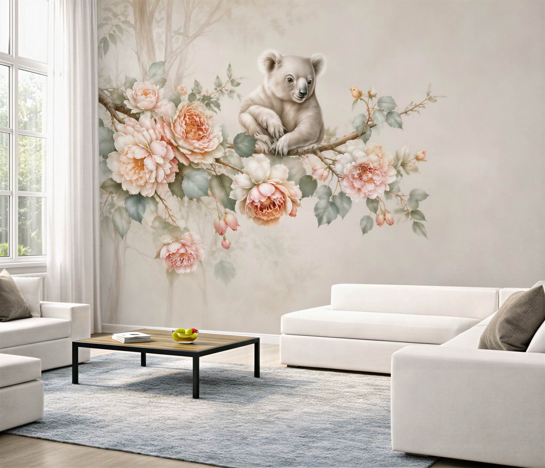 Fototapeta miś koala na gałęzi wśród pastelowych kwiatów do pokoju dziecka?v23