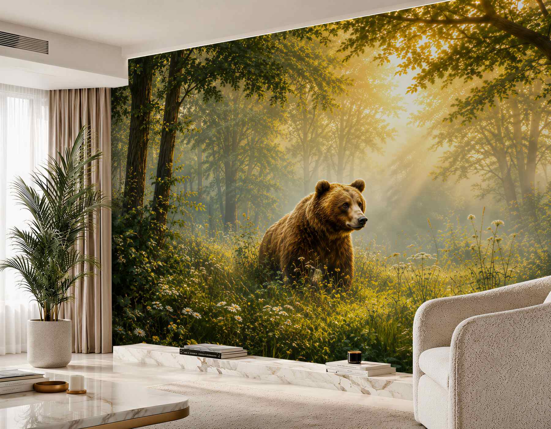 Fototapeta niedźwiedź w leśnej polanie o złotym poranku?v23