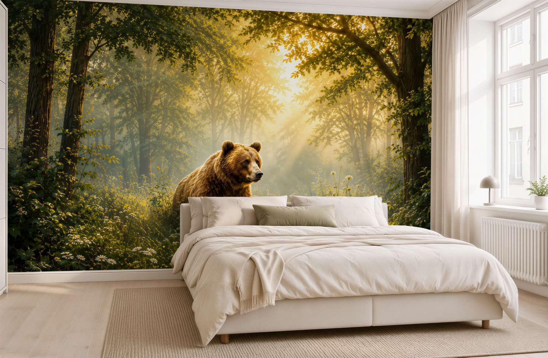 Fototapeta niedźwiedź w leśnej polanie o złotym poranku?v23