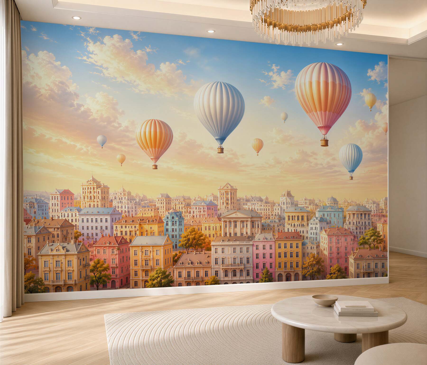 Fototapeta pastelowe balony nad bajkowym miastem o zachodzie słońca