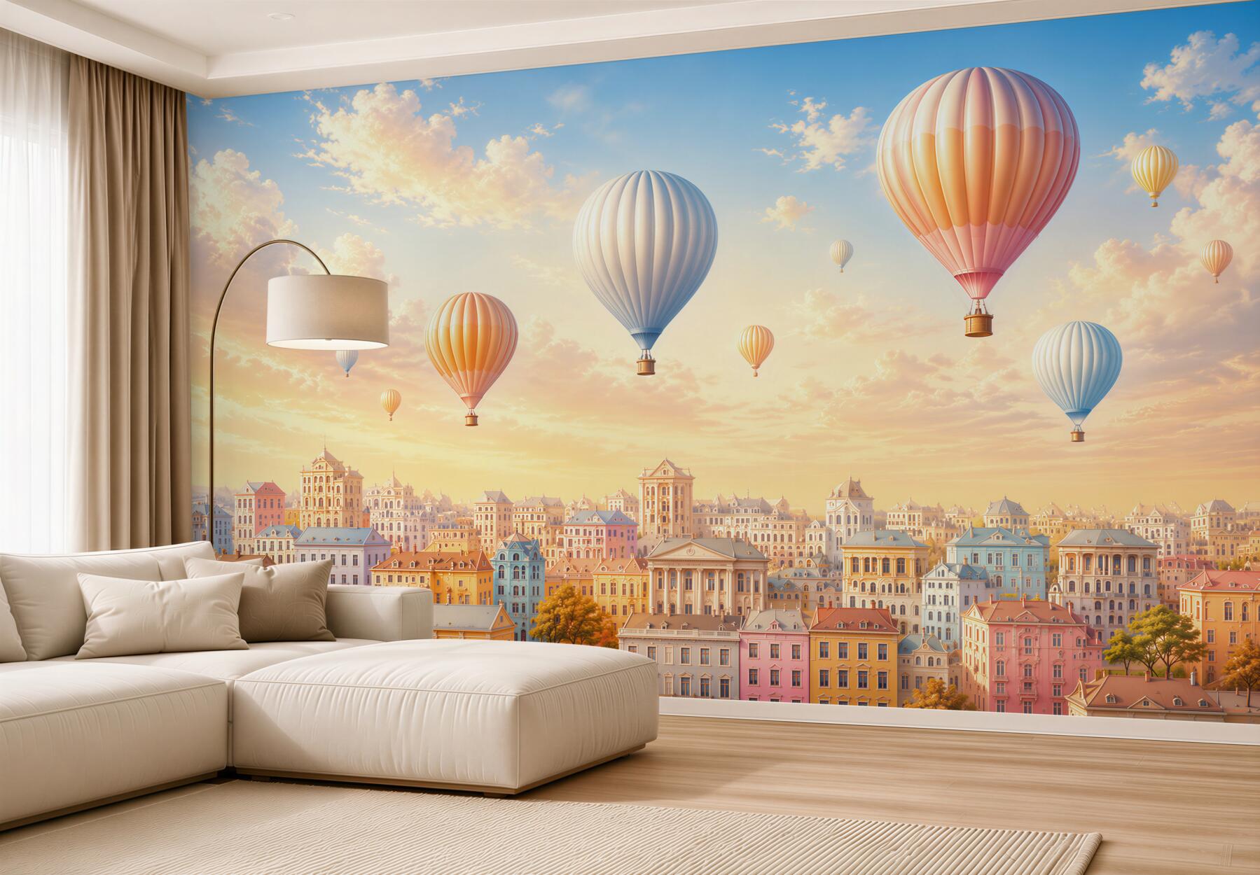 Fototapeta pastelowe balony nad bajkowym miastem o zachodzie słońca?v23