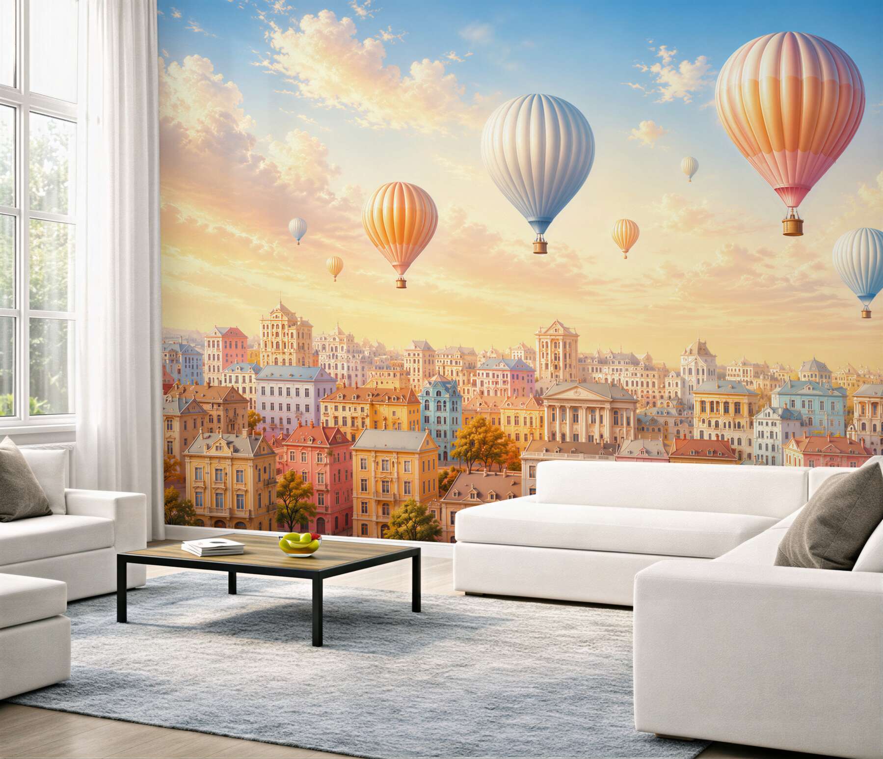 Fototapeta pastelowe balony nad bajkowym miastem o zachodzie słońca?v23