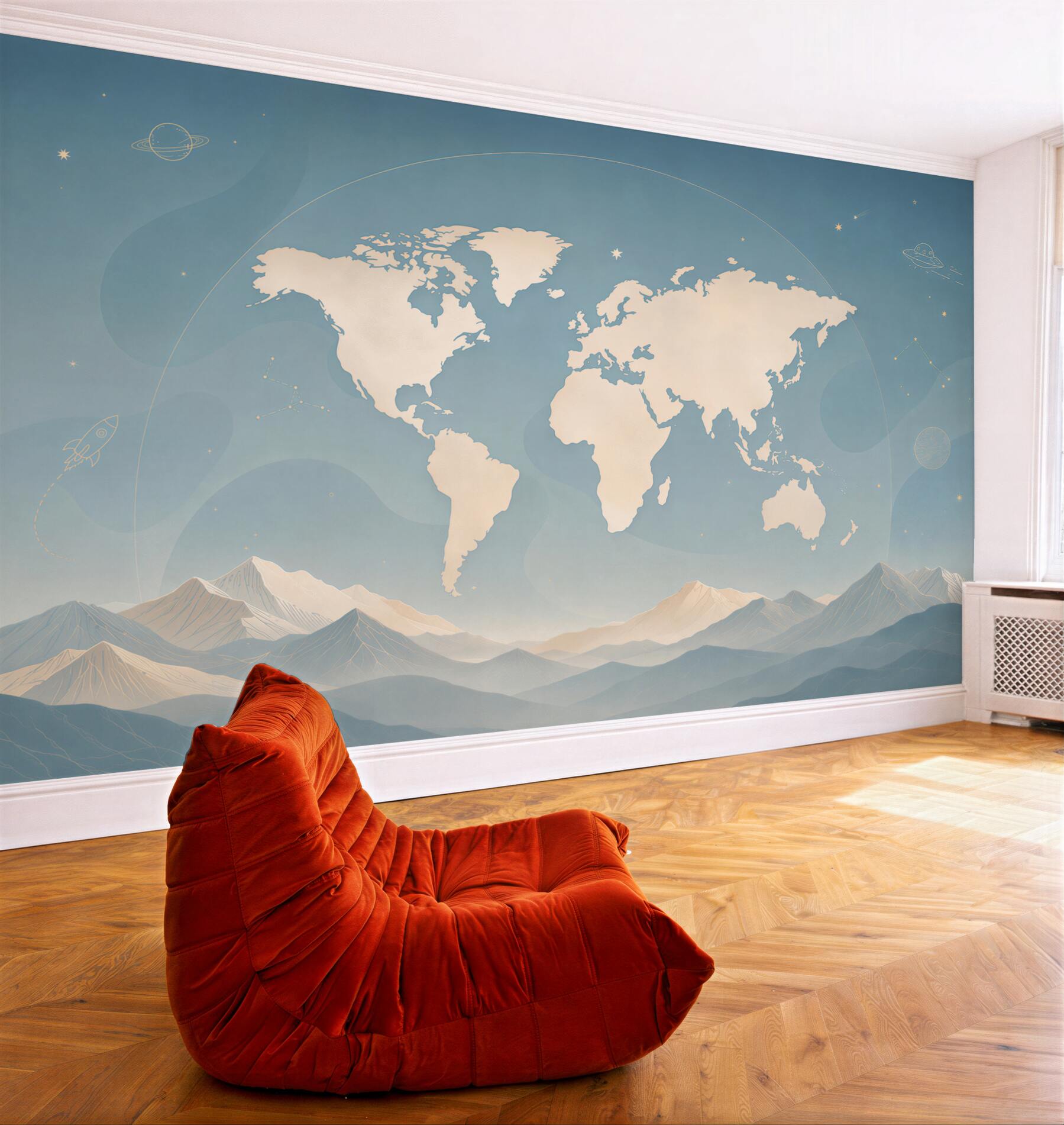 Fototapeta mapa świata w kosmicznym stylu z górami dla dzieci?v23