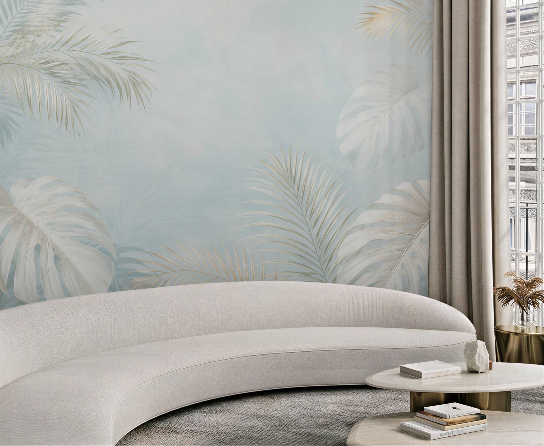 Fototapeta liście palmowe i monstera białe na błękitnym tle?v23