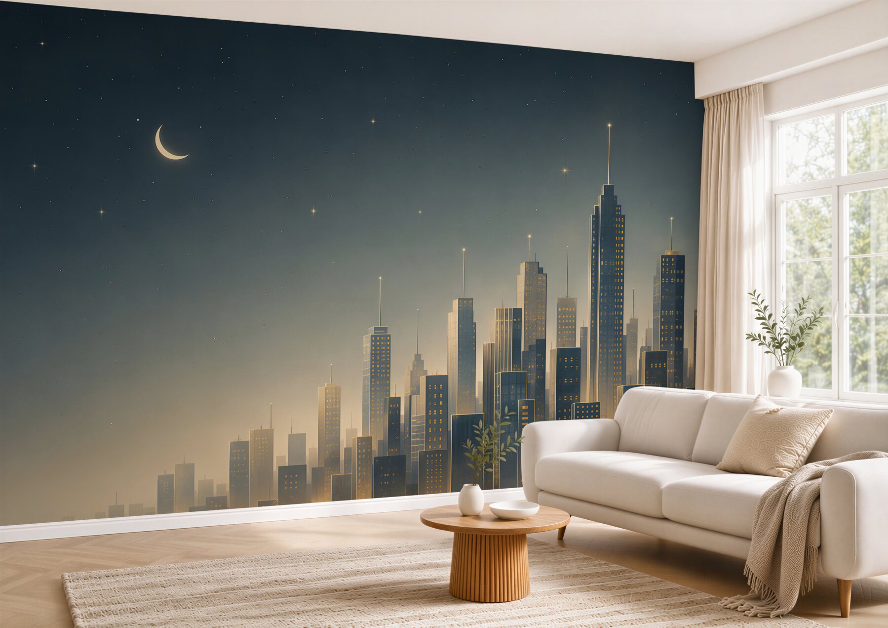 Fototapeta nocne miasto z wieżowcami i księżycem nowoczesna?v23