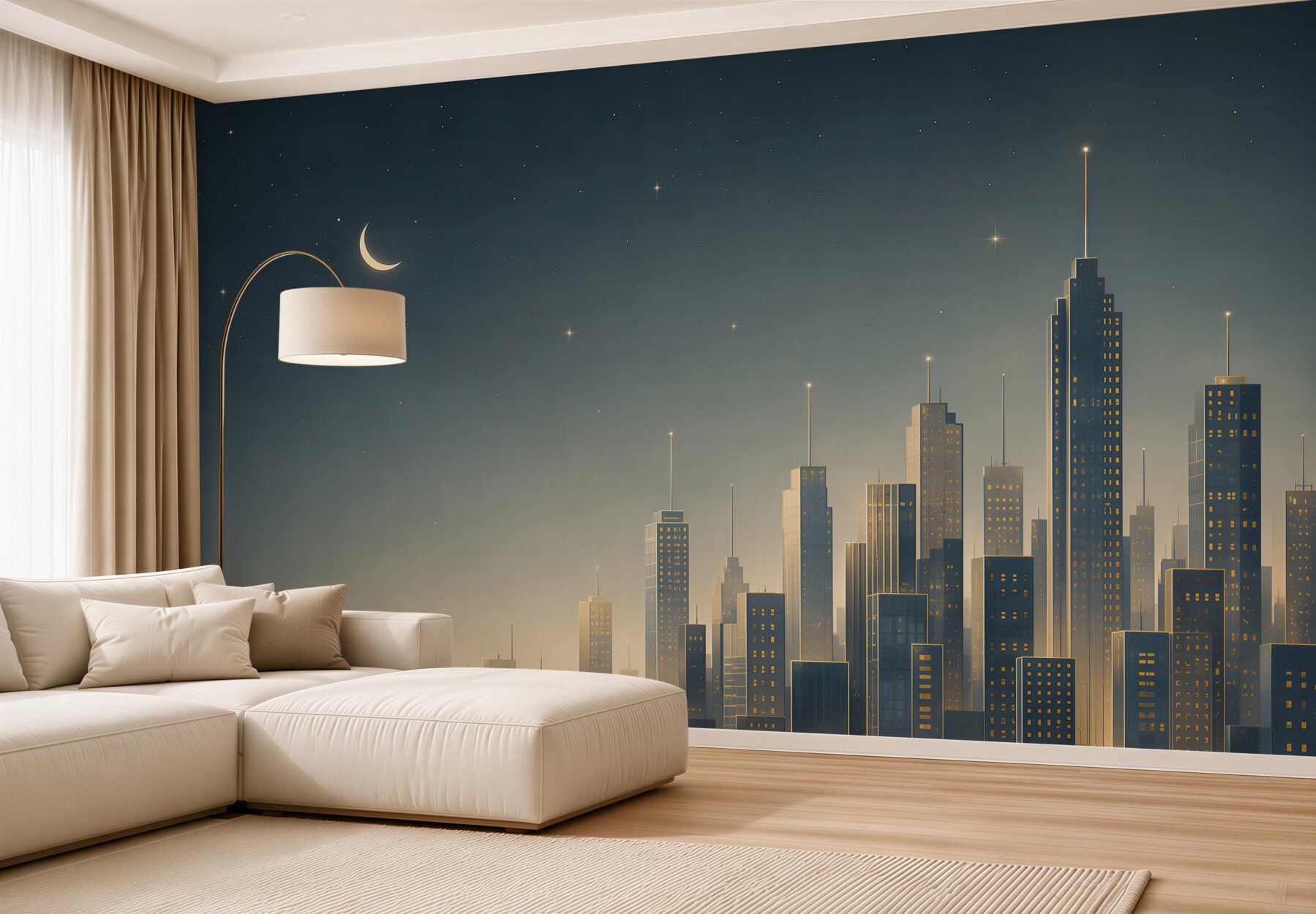 Fototapeta nocne miasto z wieżowcami i księżycem nowoczesna?v23