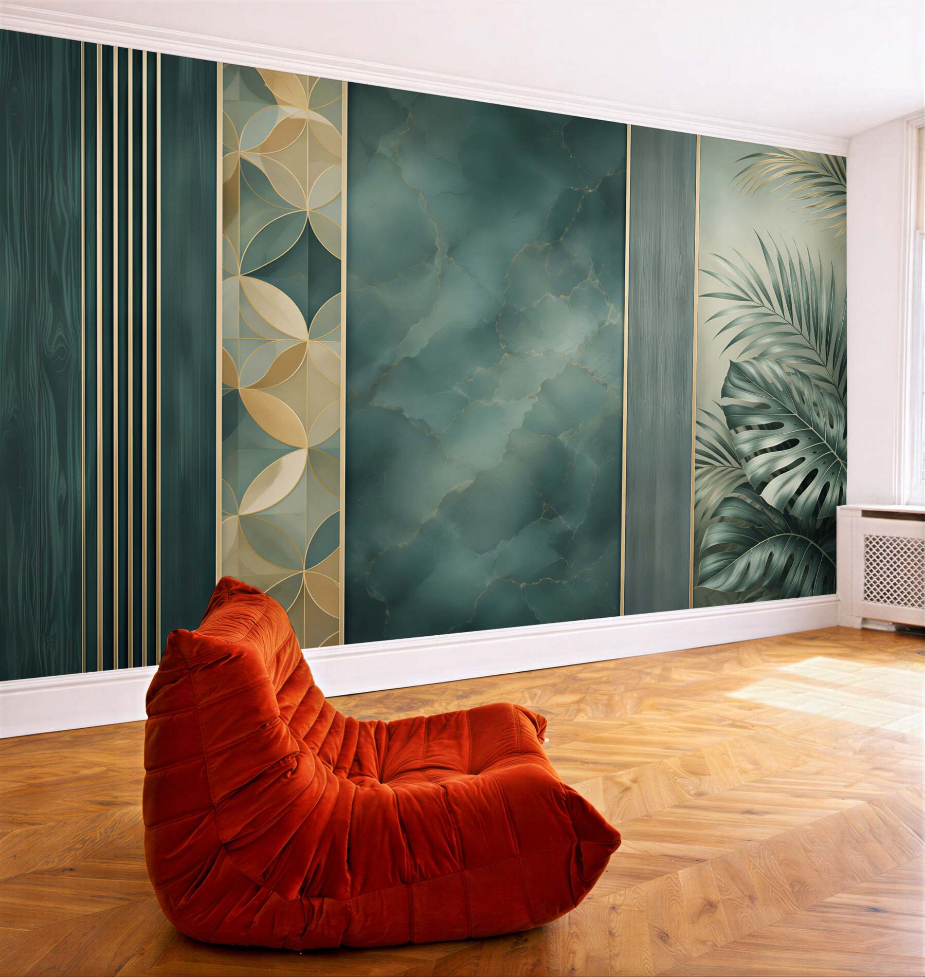 Fototapeta zielony marmur ze złotymi akcentami i liśćmi tropikalnymi art déco?v23