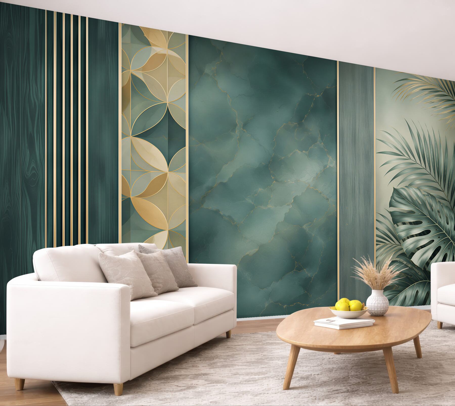 Fototapeta zielony marmur ze złotymi akcentami i liśćmi tropikalnymi art déco?v23