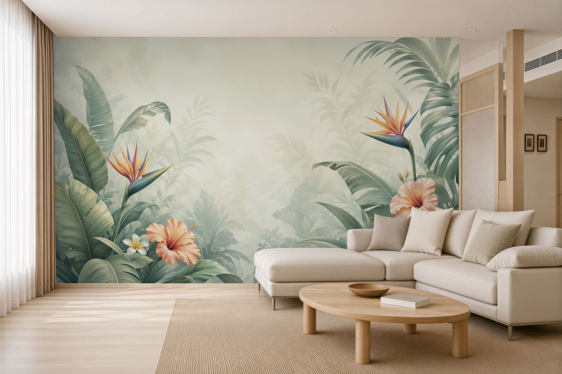 Fototapeta liście tropikalne z hibiskusem i strelicją w jasnej dżungli?v23