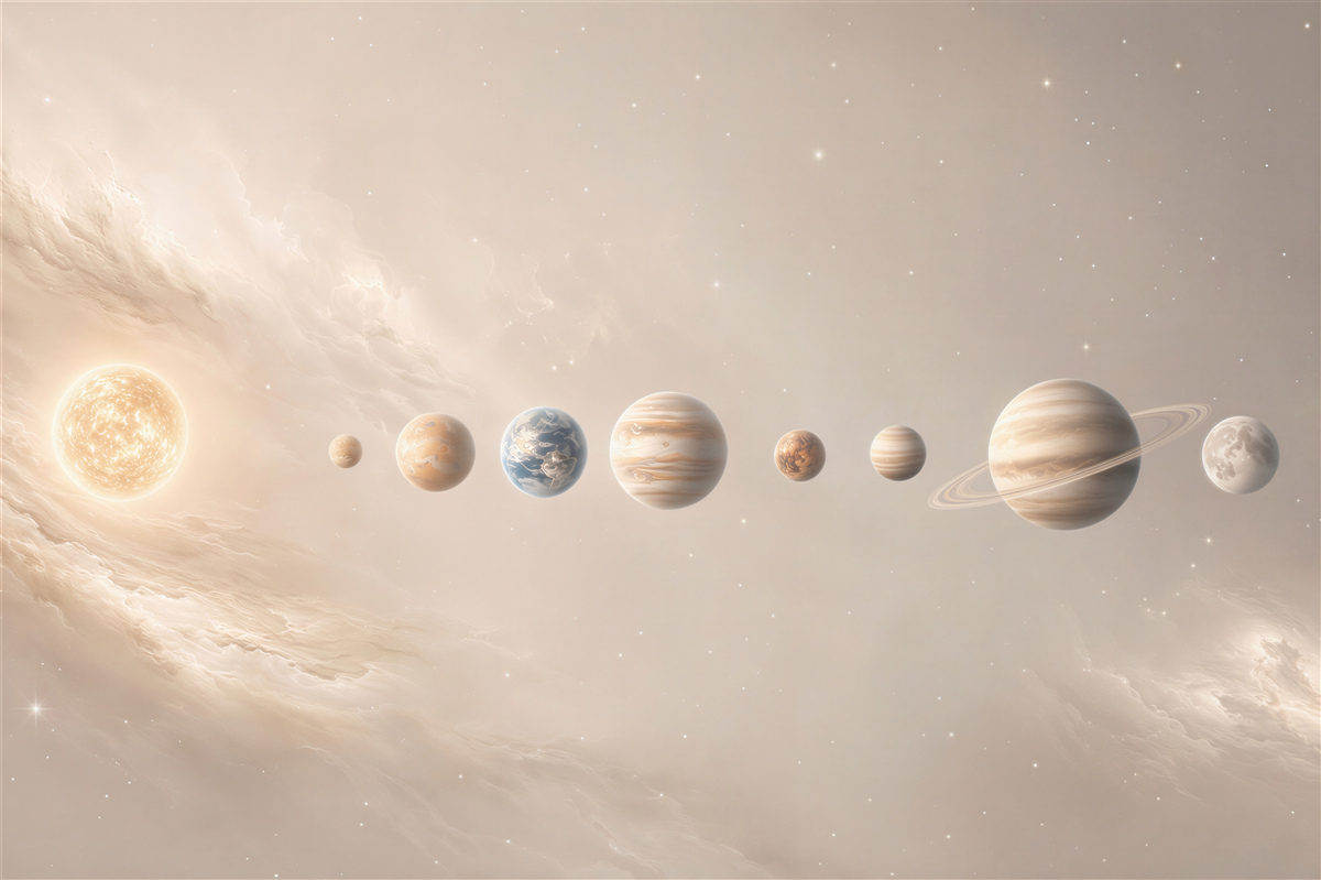 Fototapeta układ planet w kosmosie beżowa do pokoju dziecka