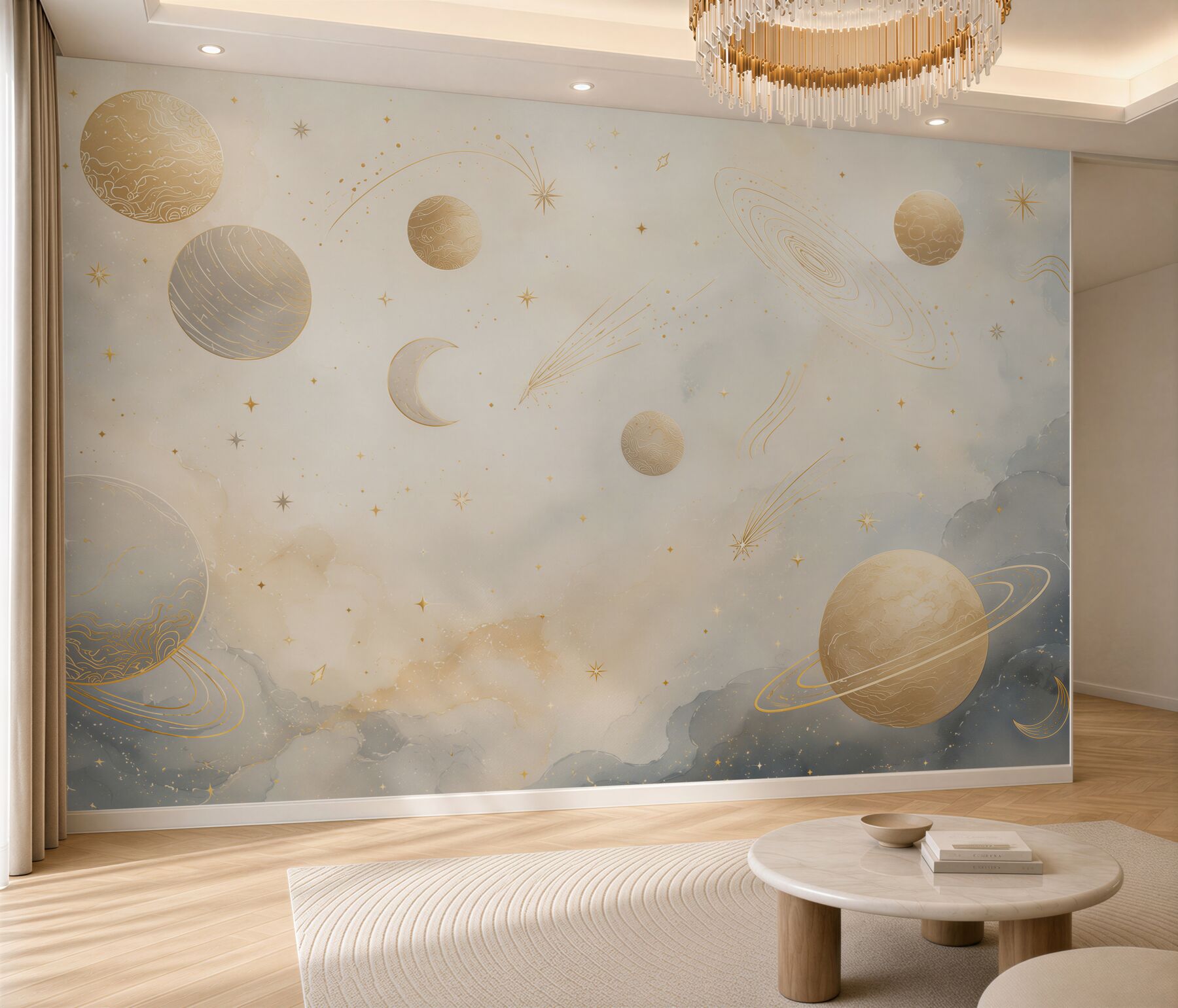 Fototapeta planety i gwiazdy w chmurach beżowo złota dla dzieci?v23