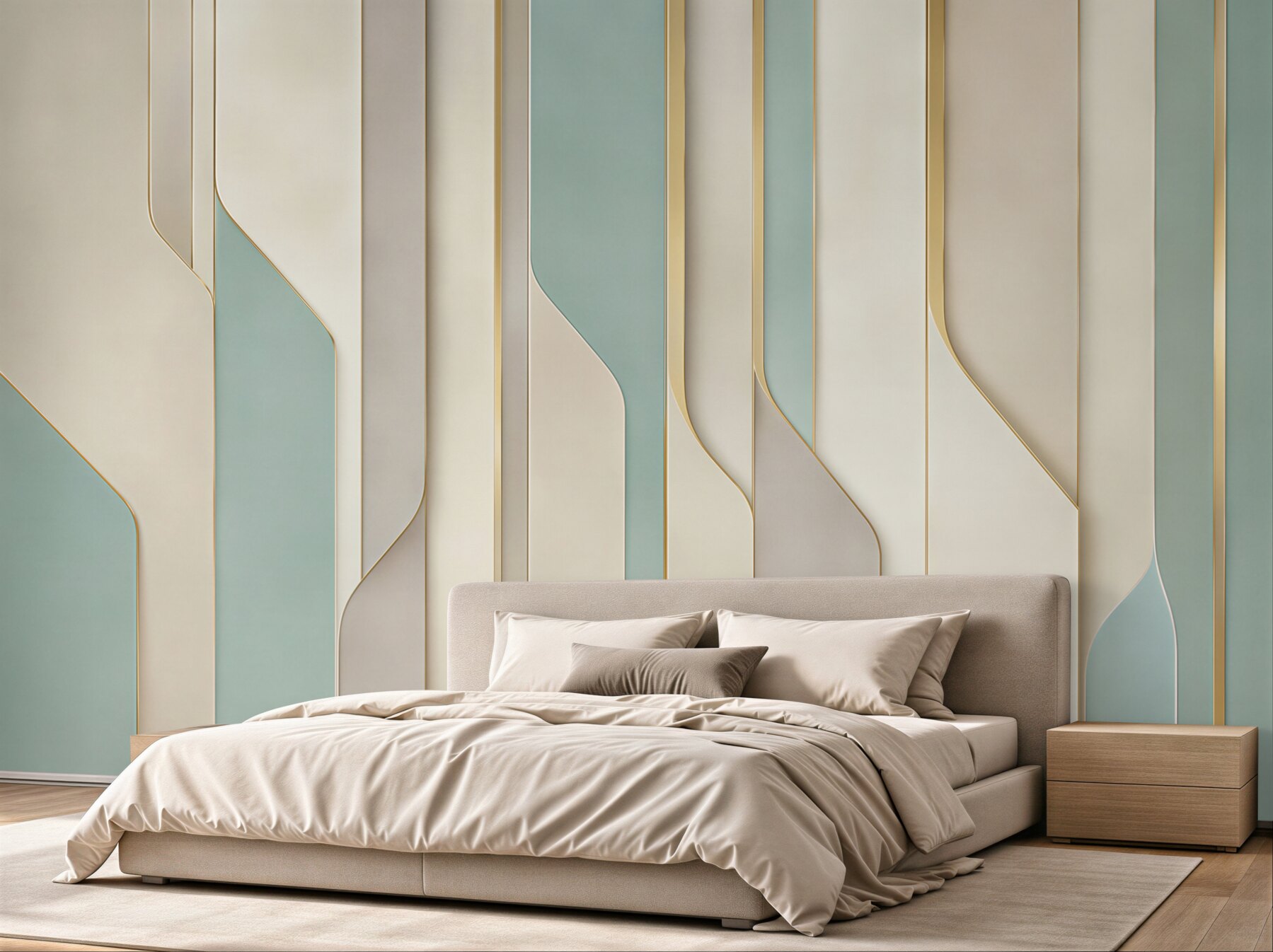Fototapeta geometryczne panele 3D beżowo miętowe w nowoczesnym stylu