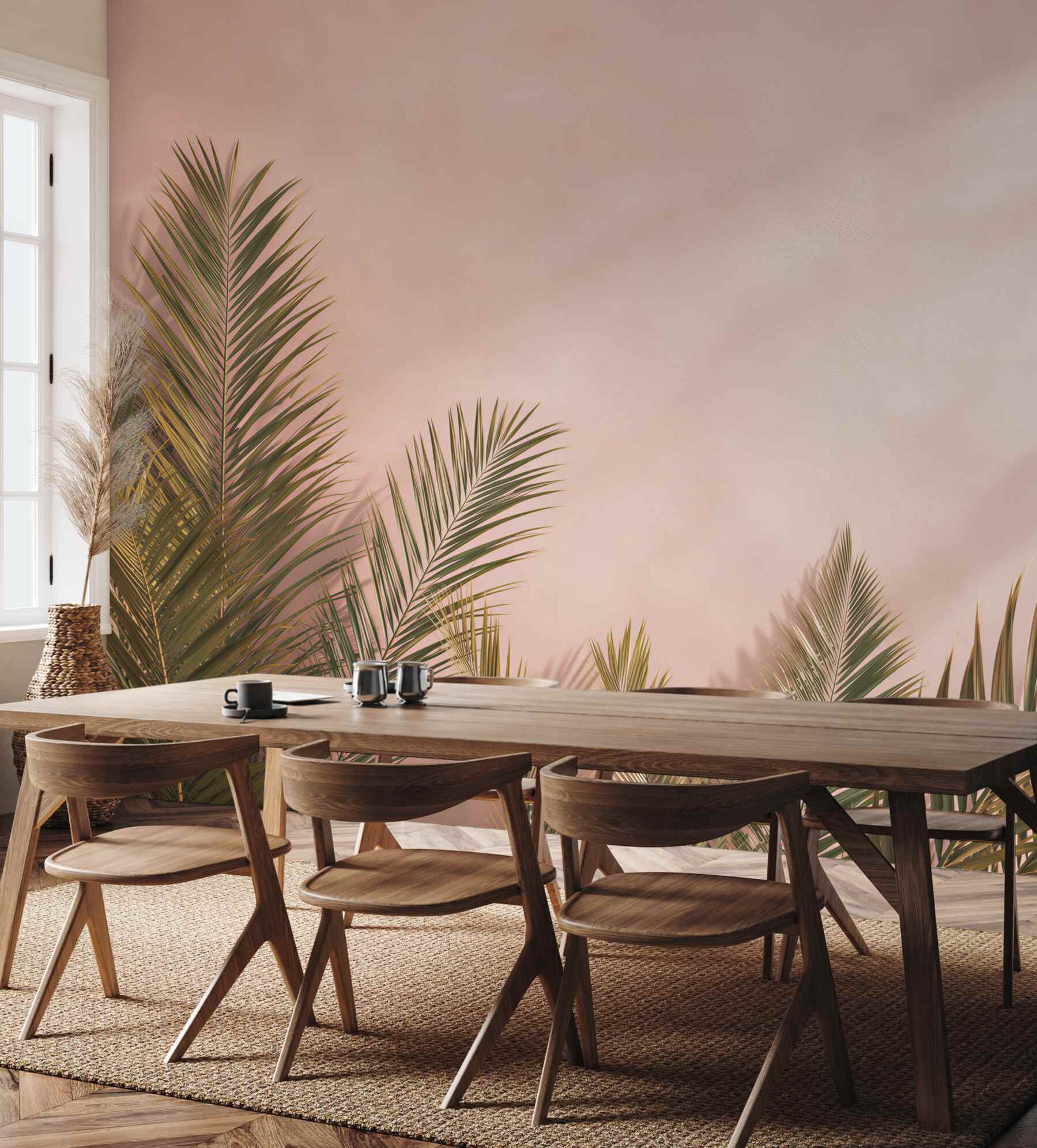 Fototapeta liście palmowe na pudrowym różu elegancka tropikalna?v23