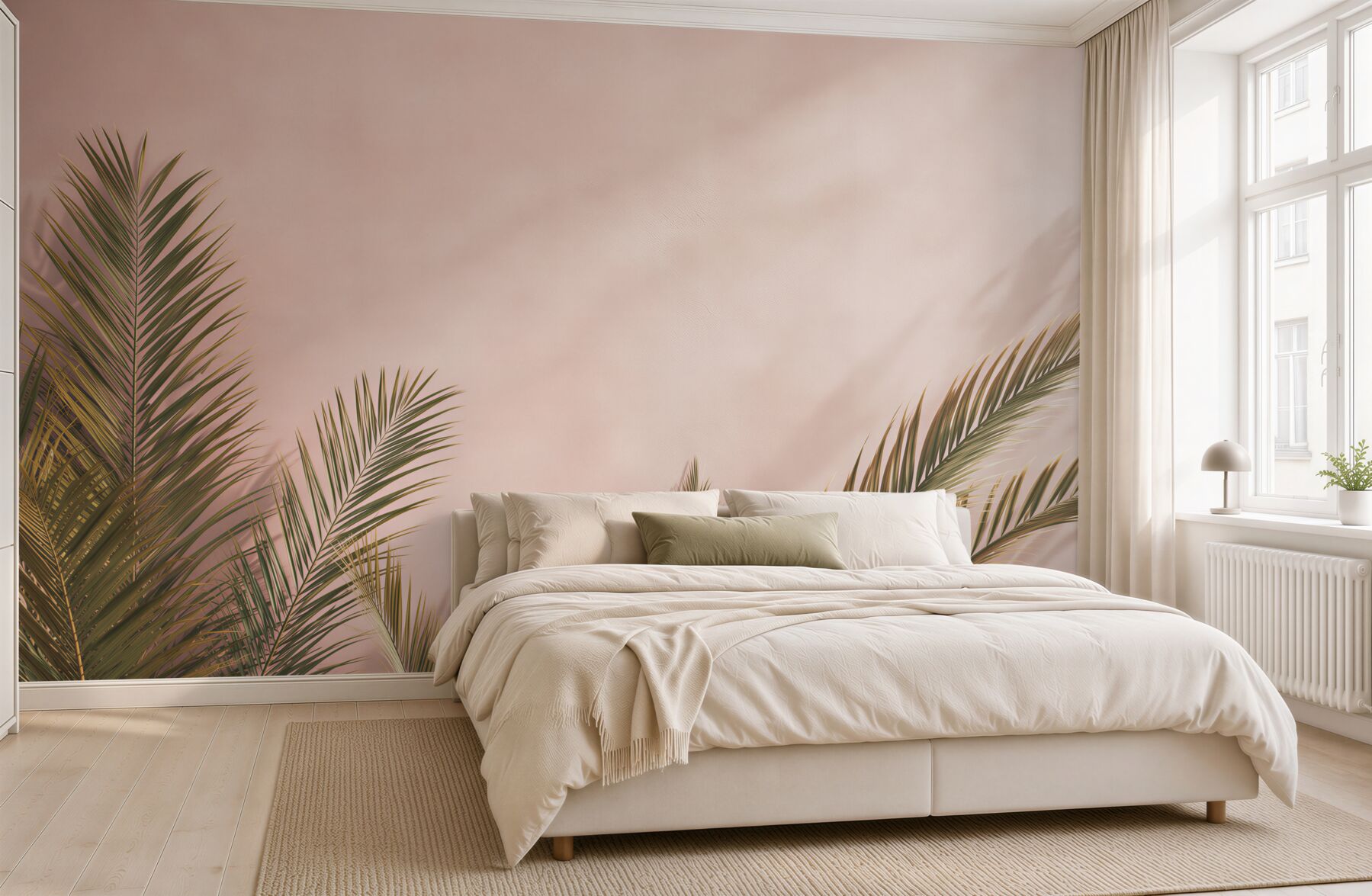 Fototapeta liście palmowe na pudrowym różu elegancka tropikalna?v23