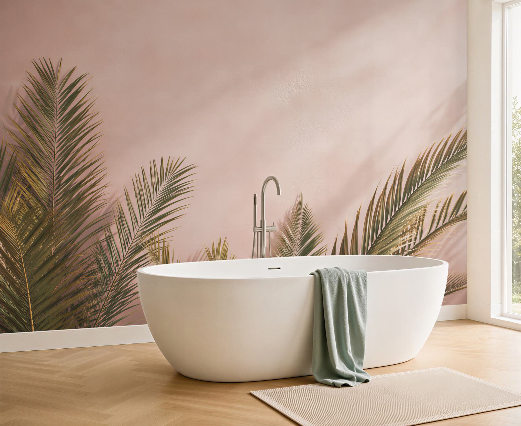 Fototapeta liście palmowe na pudrowym różu elegancka tropikalna?v23