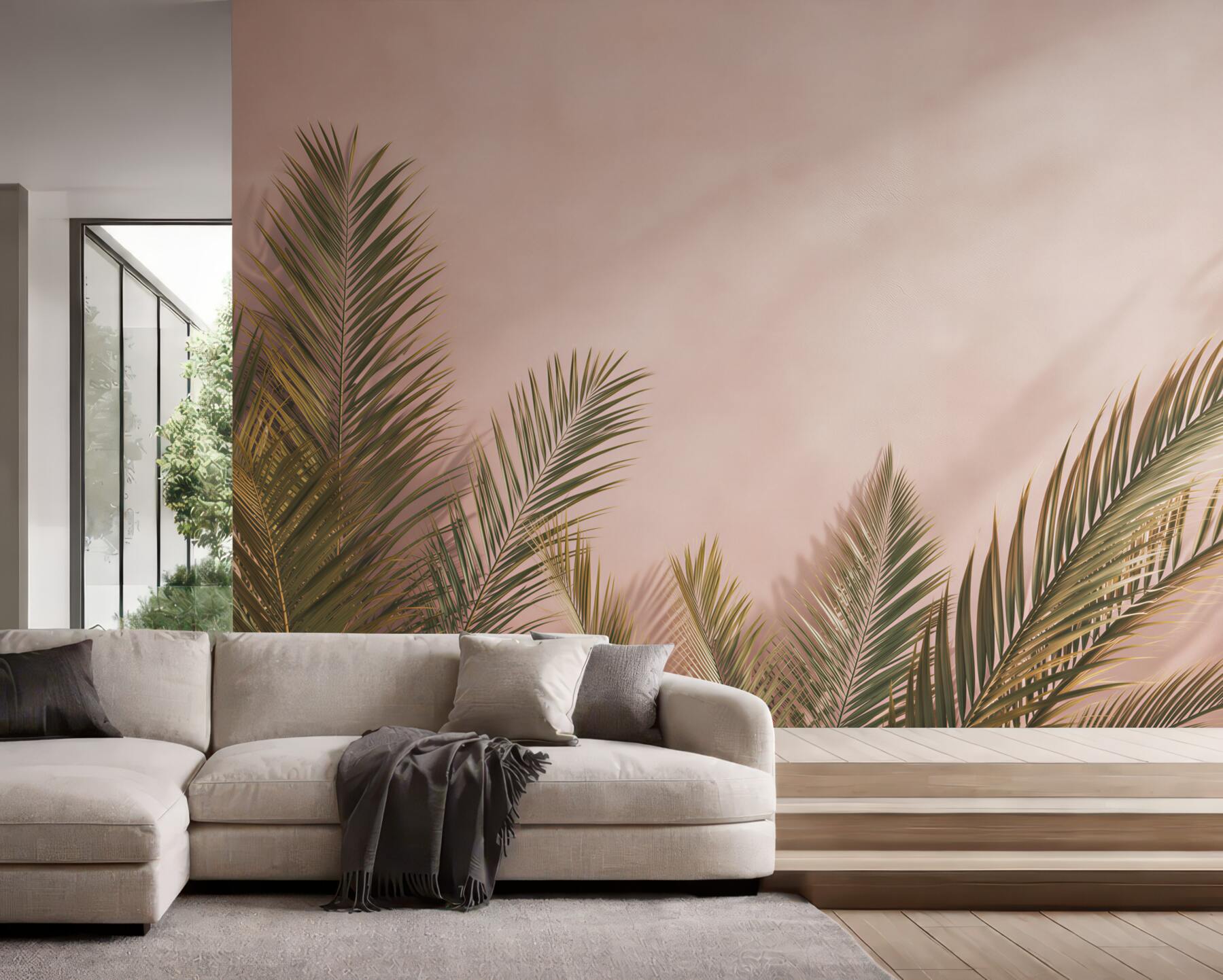 Fototapeta liście palmowe na pudrowym różu elegancka tropikalna?v23