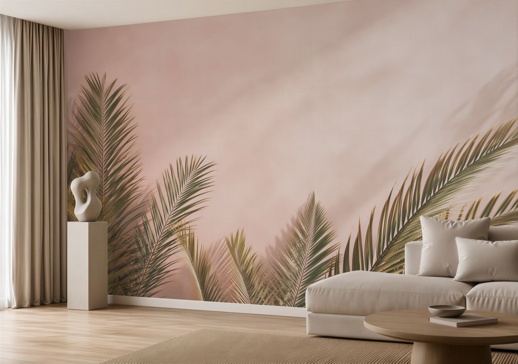 Fototapeta liście palmowe na pudrowym różu elegancka tropikalna?v23