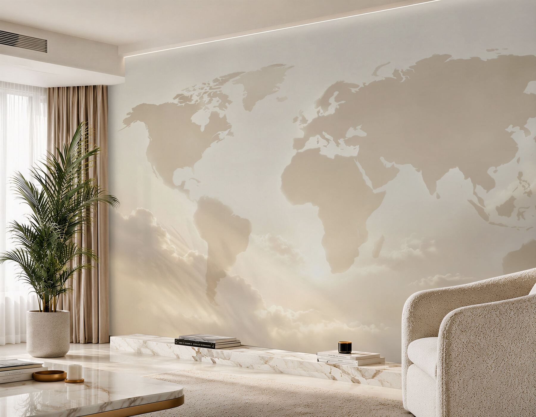 Fototapeta mapa świata w chmurach beżowa do eleganckiego biura