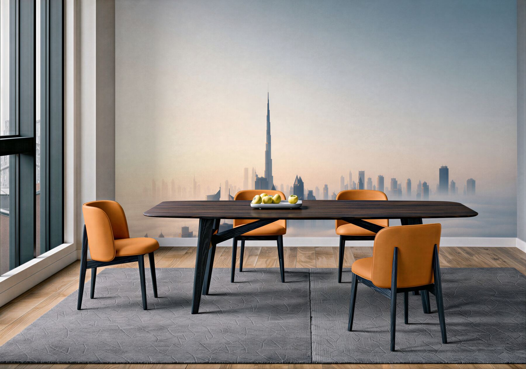 Fototapeta panorama Dubaju we mgle o wschodzie słońca nowoczesne miasto?v23